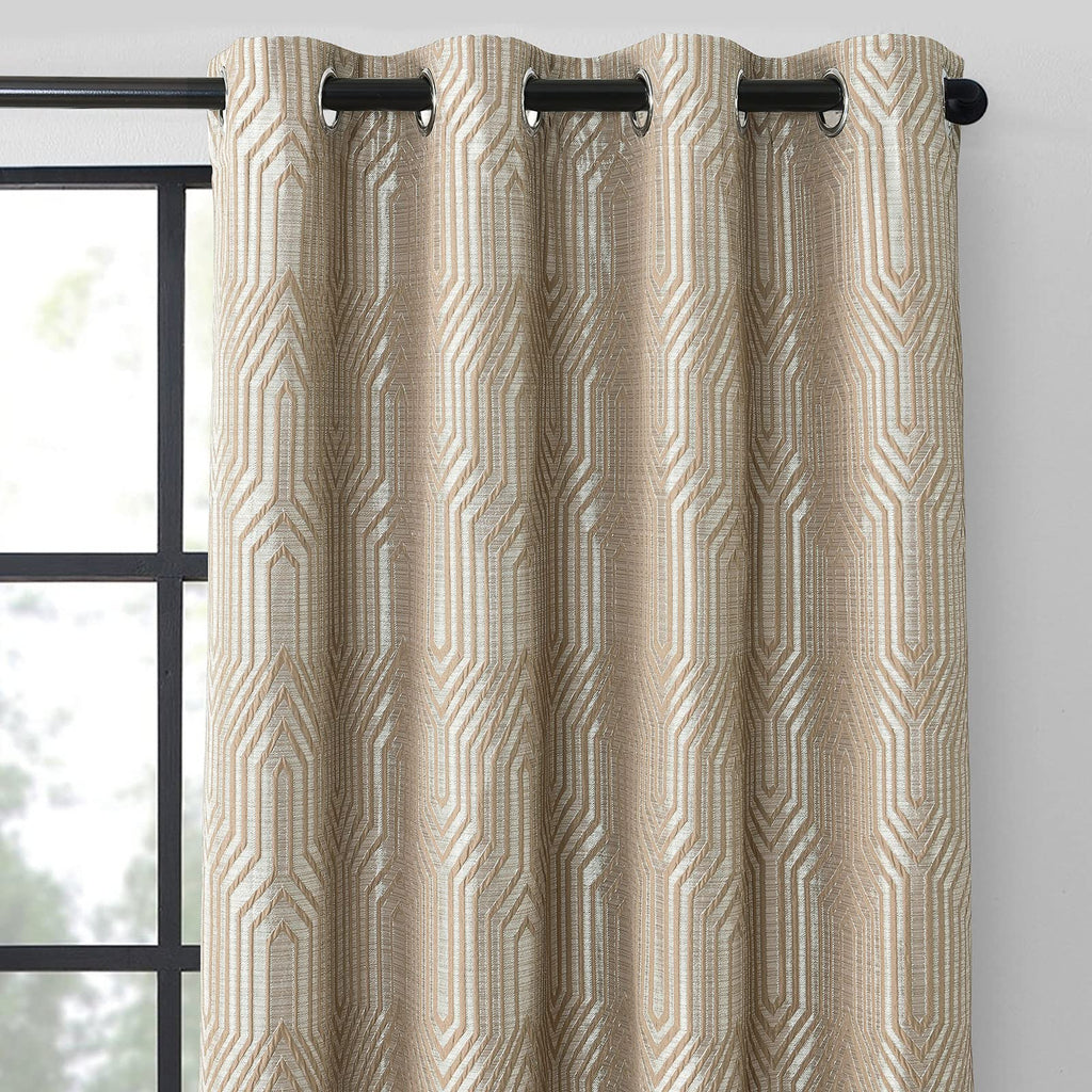 Light Brown And Silvery 100% Blackout Jacquard Geometric Pattern Curtains,52 Inch Wide 84 Inch Length 2 Panels, Thermal Insulate