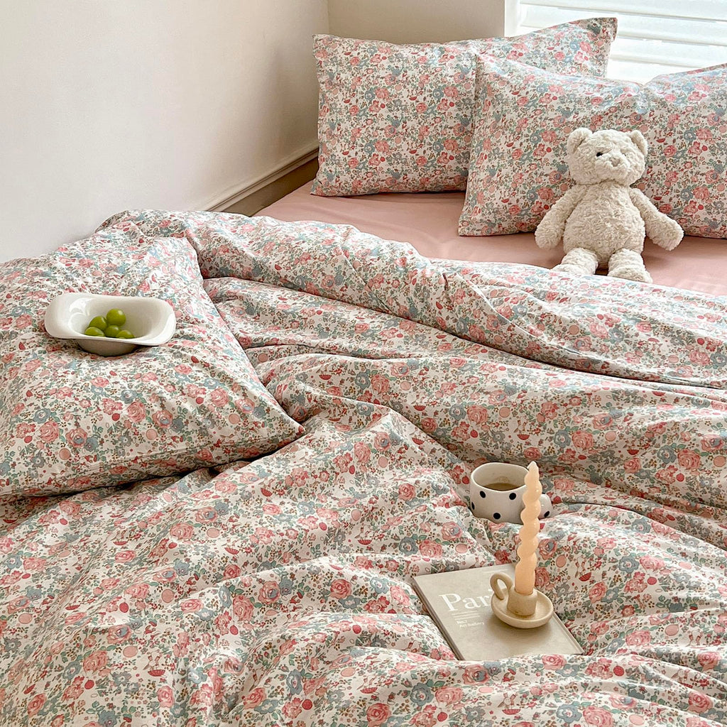 Boho Floral Duvet Cover Queen Soft Cotton Aesthetic Floral Bedding Sets French Style Pink Blue Flower Branches Duvet Cover Chic