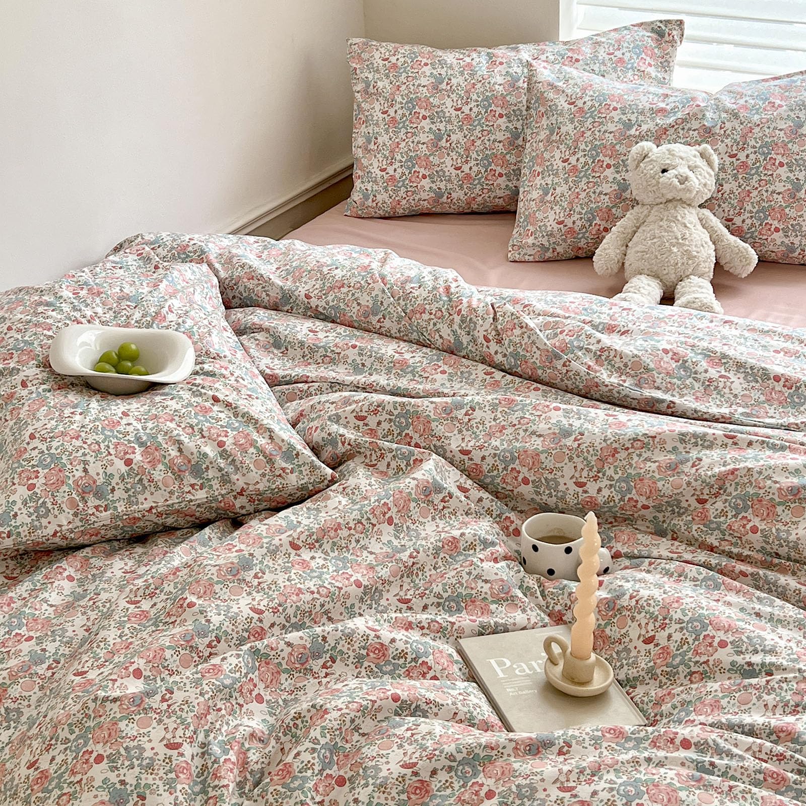 Boho Floral Duvet Cover Queen Soft Cotton Aesthetic Floral Bedding Sets French Style Pink Blue Flower Branches Duvet Cover Chic