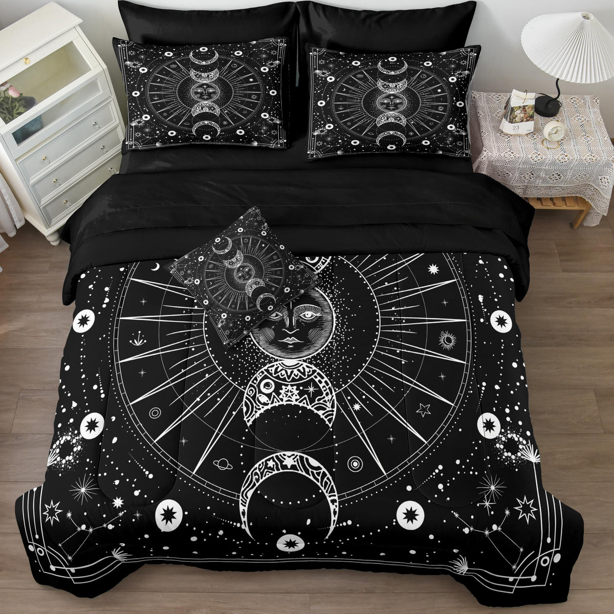 Bedbay Sun And Moon Comforter Set Queen Size Boho Hippie Bedding,Trippy Cosmos Celestial Decor Soft Cozy Galaxy Bed Set 8 Pcs Qu