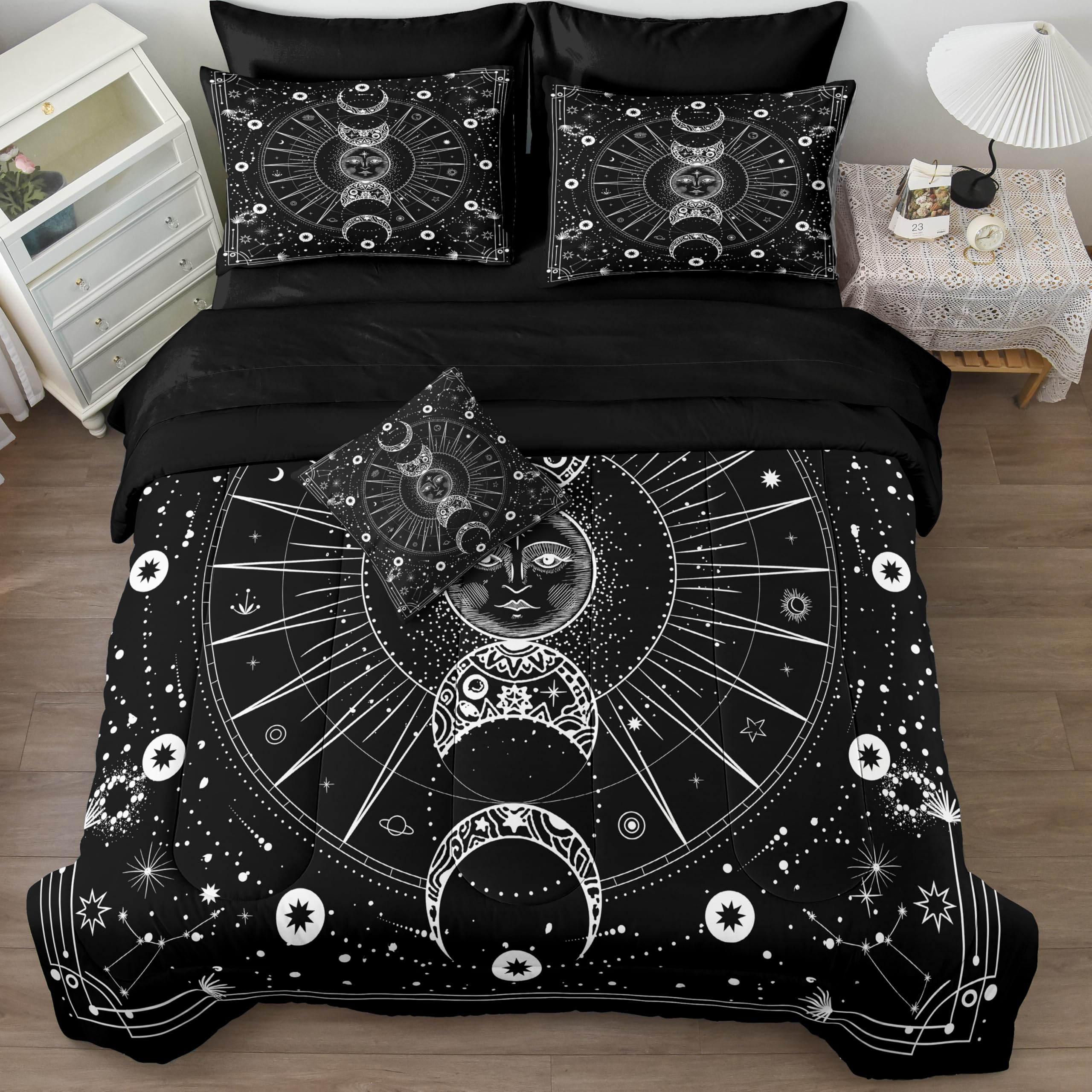 Bedbay Sun And Moon Comforter Set Queen Size Boho Hippie Bedding,Trippy Cosmos Celestial Decor Soft Cozy Galaxy Bed Set 8 Pcs Qu