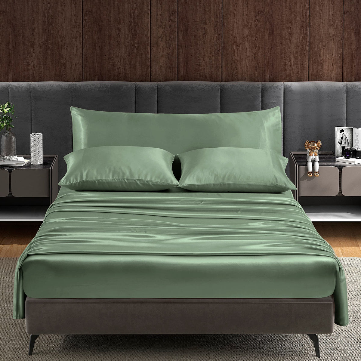 Entisn 5Pcs Silky Satin Sheets Set, King Size Satin Bed Sheets Set, Sage Green Luxury Bedding Sets, Breathable & Ultra Soft Shee