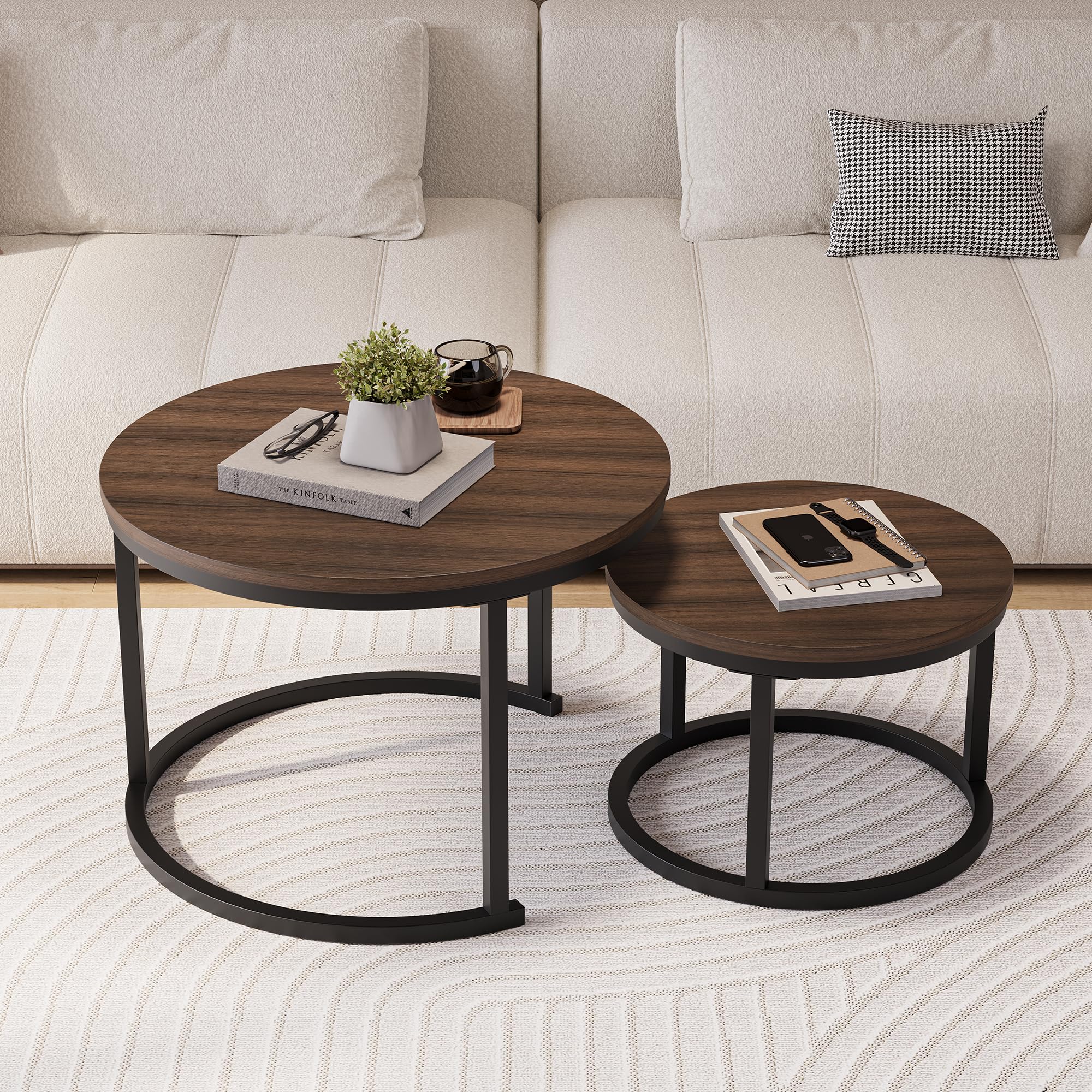 HOJINLINERO Round Coffee Table,Nesting Coffee Table Set of 2,Center Tables for Living Room,Office, Home Small Space,Stacking Sid