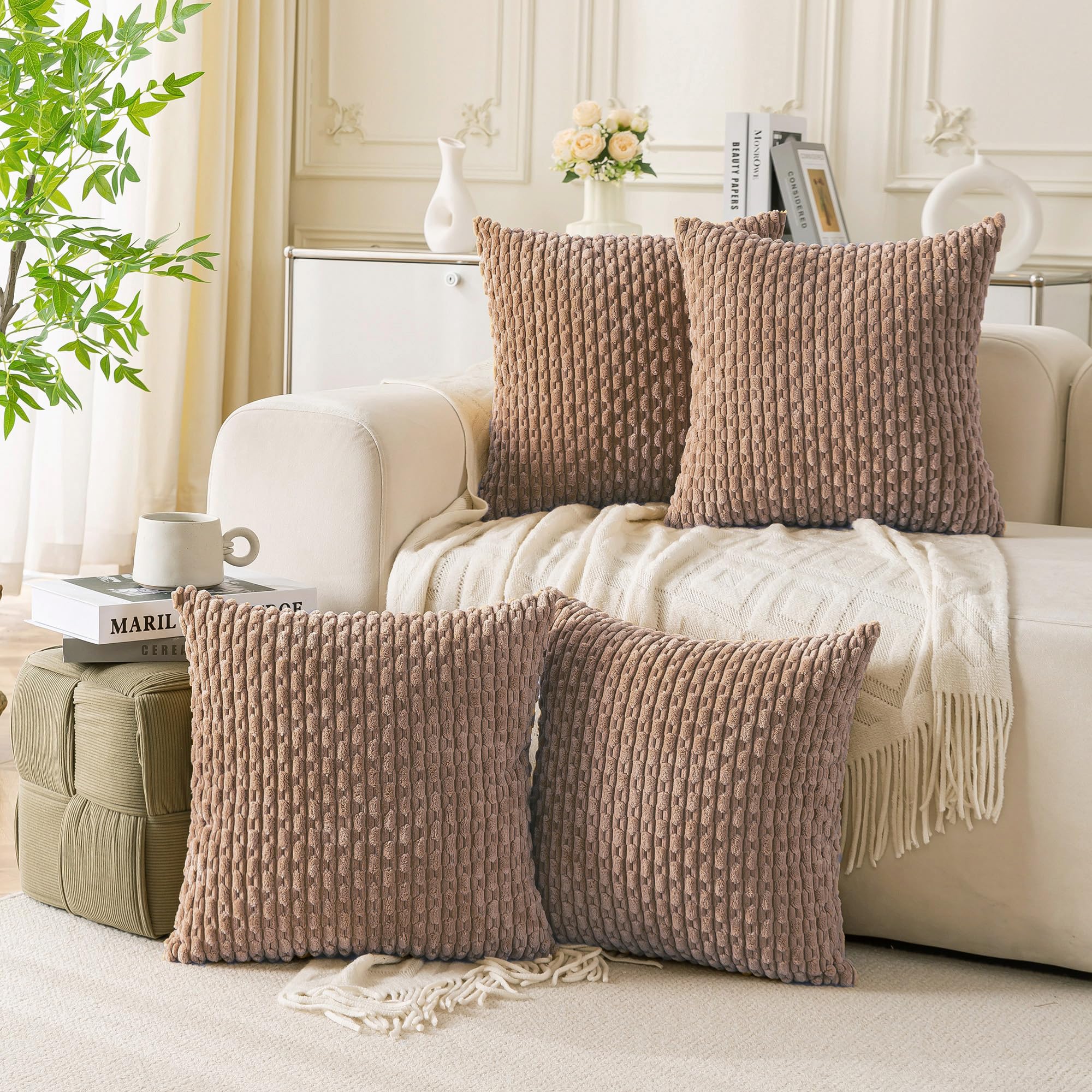 Cozoomy Set Of 4 Light Brown Decorative Pillow Covers 18X18 Inch Corduroy Throw Pillow Covers For Bed Couch Sofa Living Room Sof