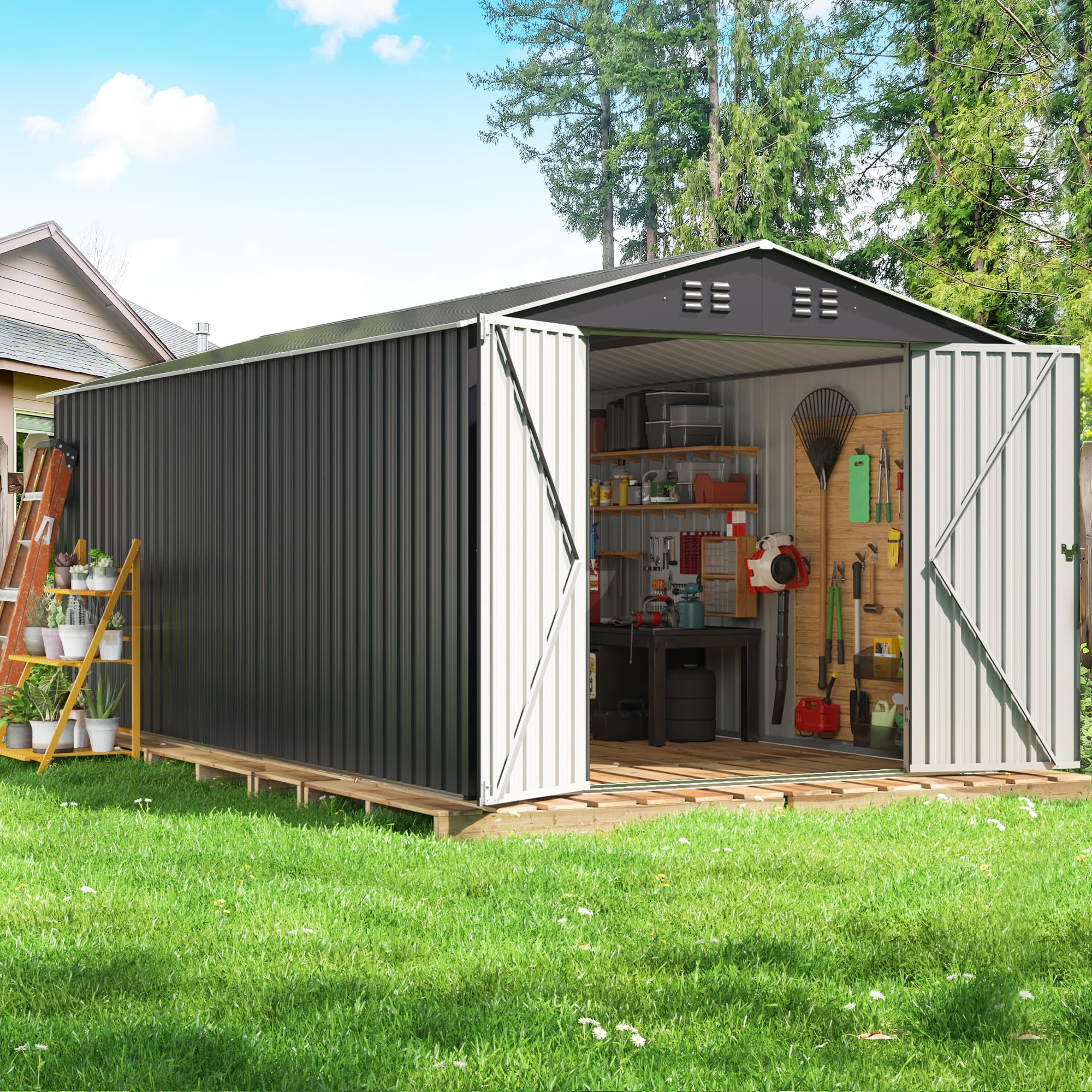 Airwire 8X12 Ft Outdoor Storage Shed, Garden Shed With Updated Frame Structure And Lockable Doors, Metal Tool Sheds For Backyard