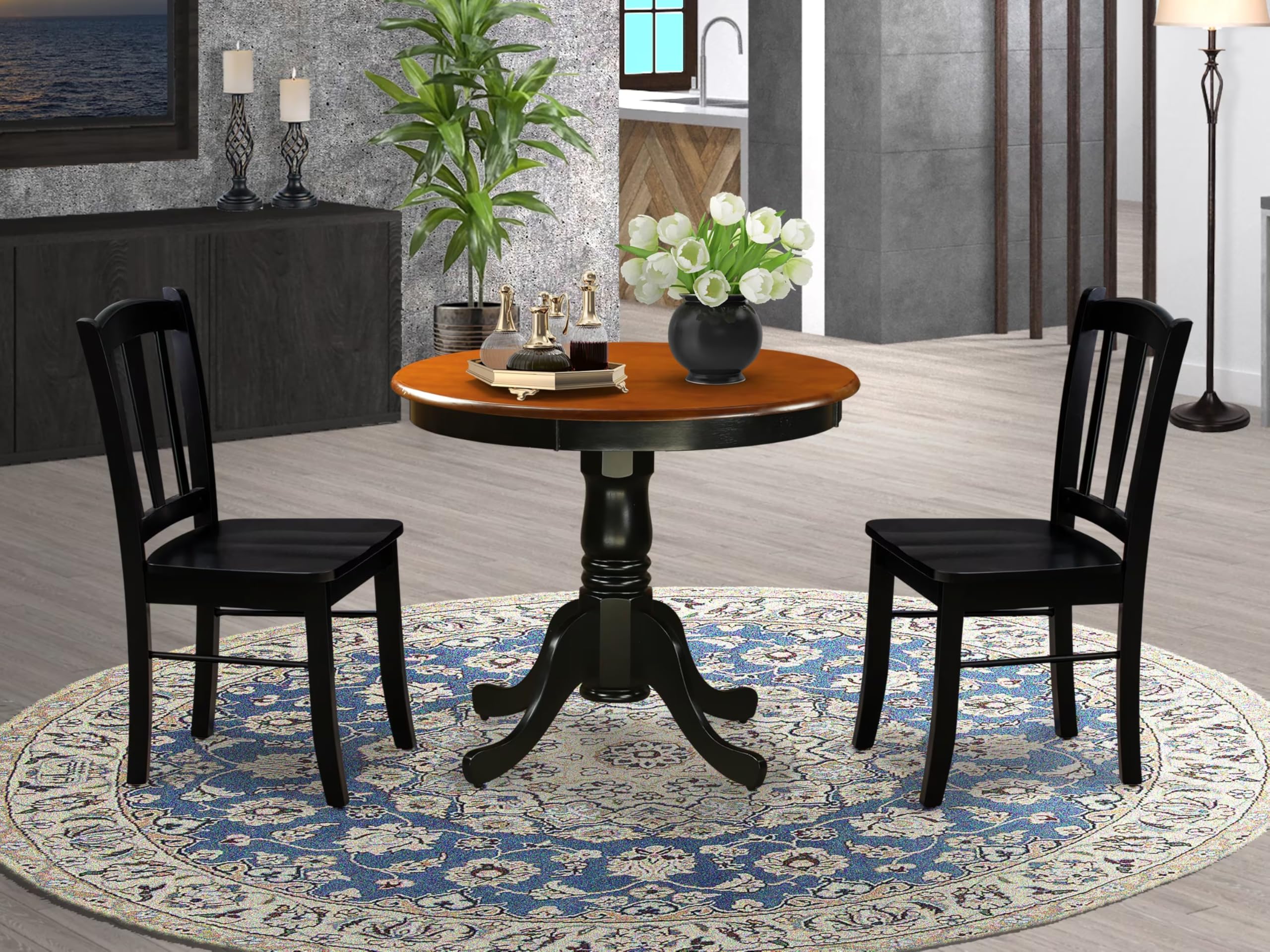East West Furniture ANDL3-BLK-W 3 Piece Kitchen Table & Chairs Set Contains a Round Dining Room Table with Pedestal and 2 Solid Wood Seat Chairs, 36x36 Inch, Black & Cherry