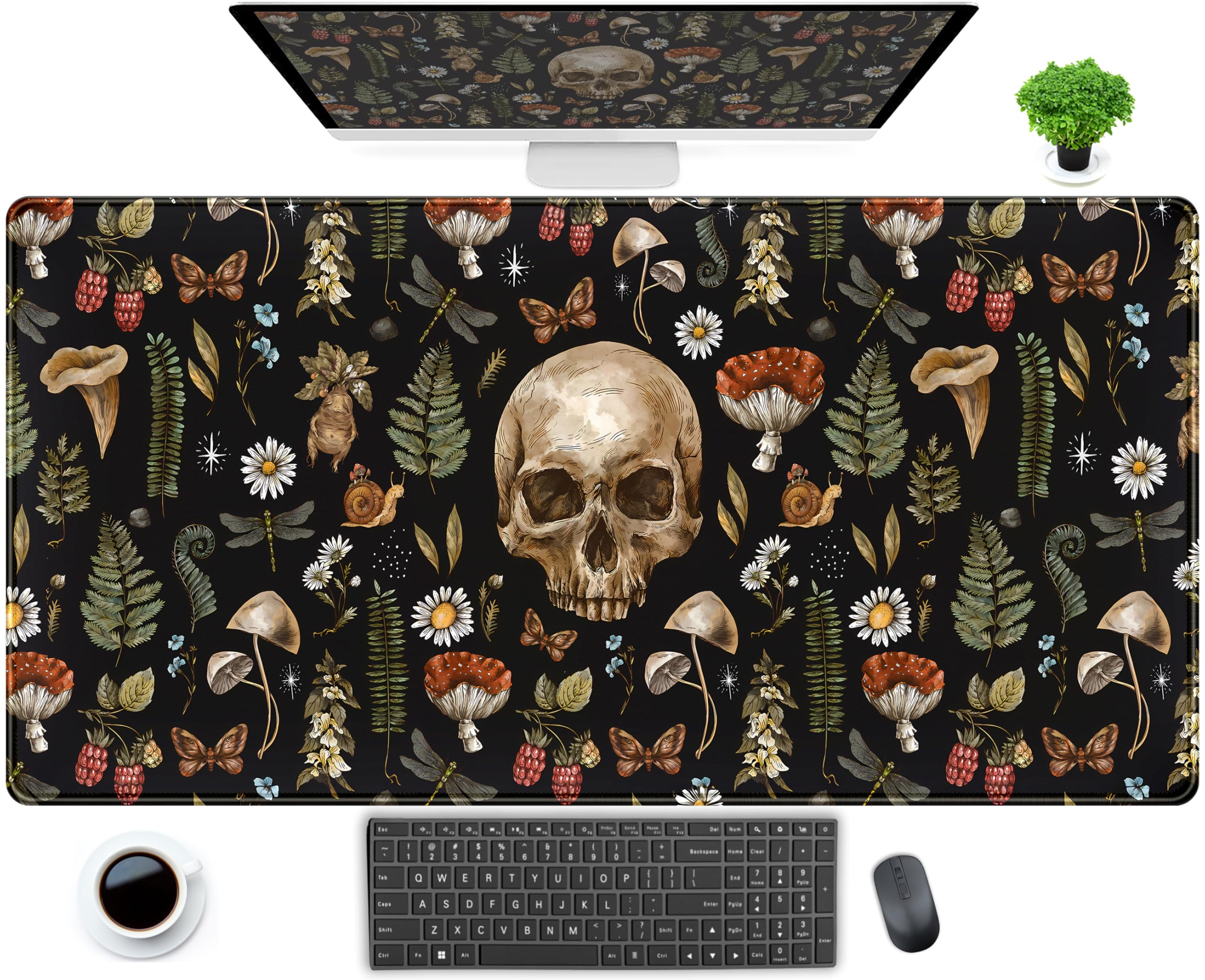 Cool Skull Desk Mat Floral Mouse Pad Black Mushroom Plants Goth Desk Pad Xxl Large Gaming Mousepad Laptop Computer Keyboard Mous