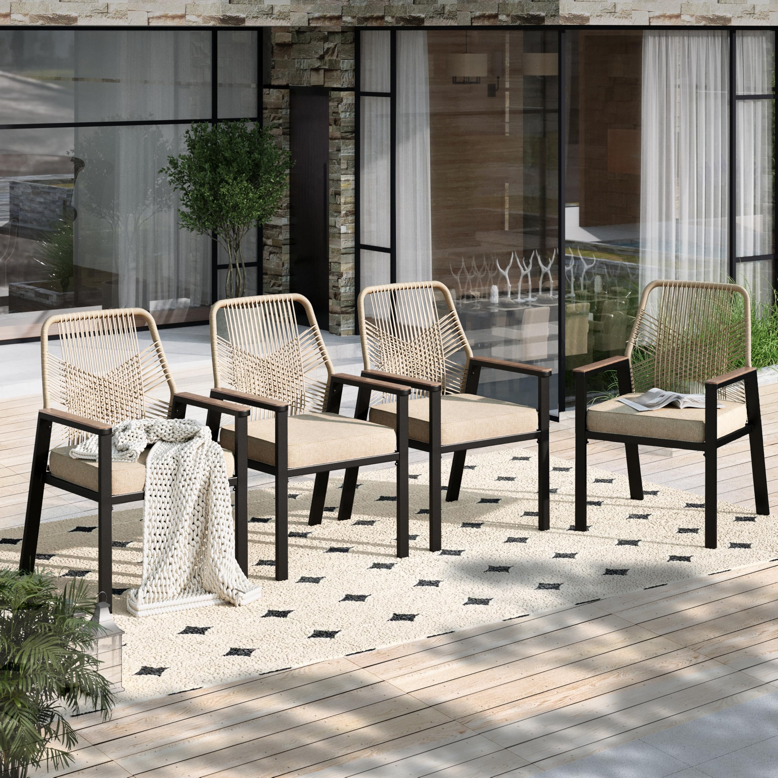Hera'S House Outdoor Chairs Set Of 4, 36.6' Rattan Dining Chairs With Heavy-Duty Wrought Iron Metal Frame, All-Weather Patio Ch