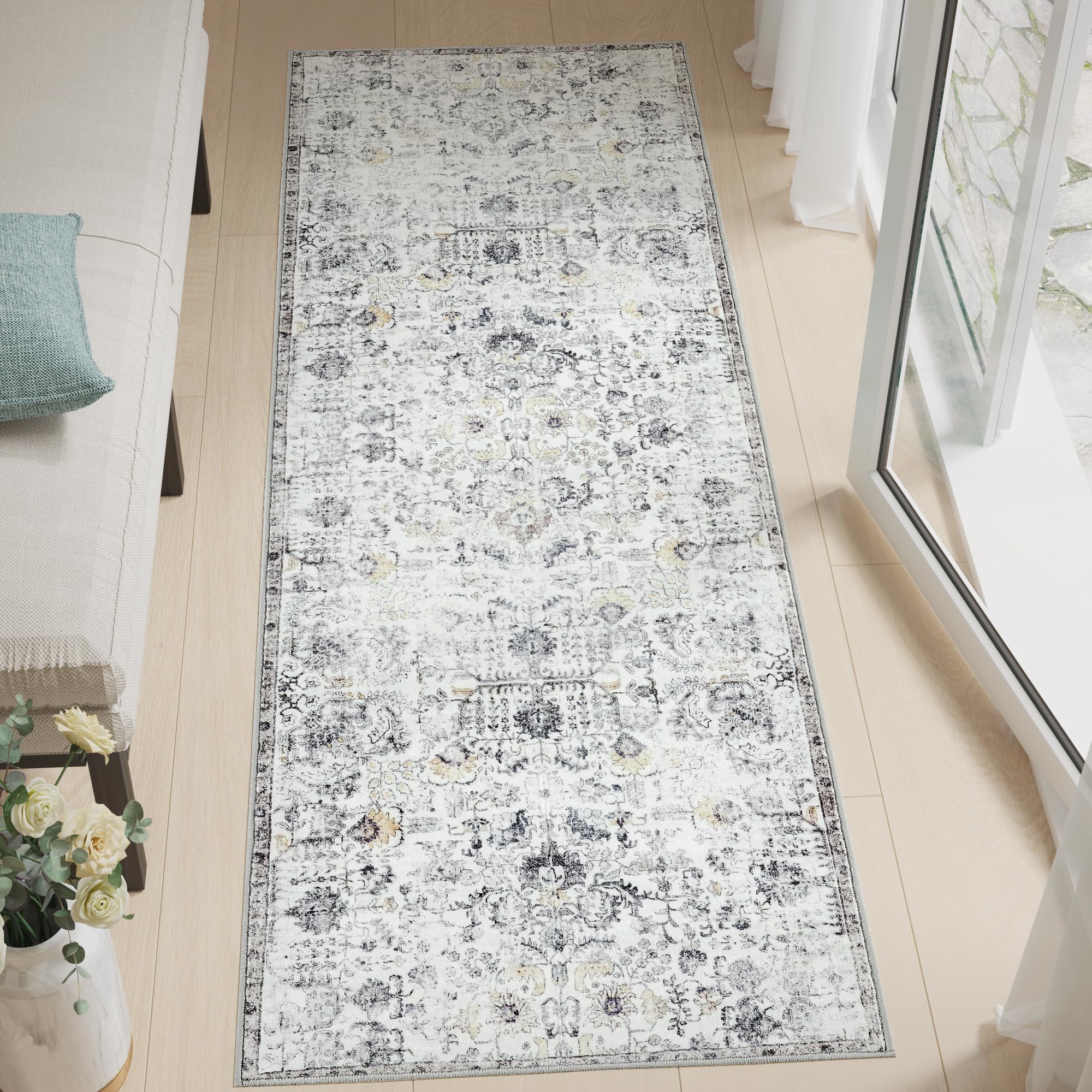 jinchan Runner Rug 2x7 Washable Area Rug Soft Grey Vintage Hallway Indoor Floor Mat Thin Retro Distressed Carpet Floral Country 
