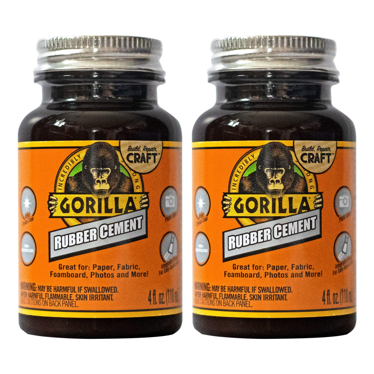 Gorilla Rubber Cement With Brush Applicator, 4 Fl Oz, Clear, (Pack Of 2)