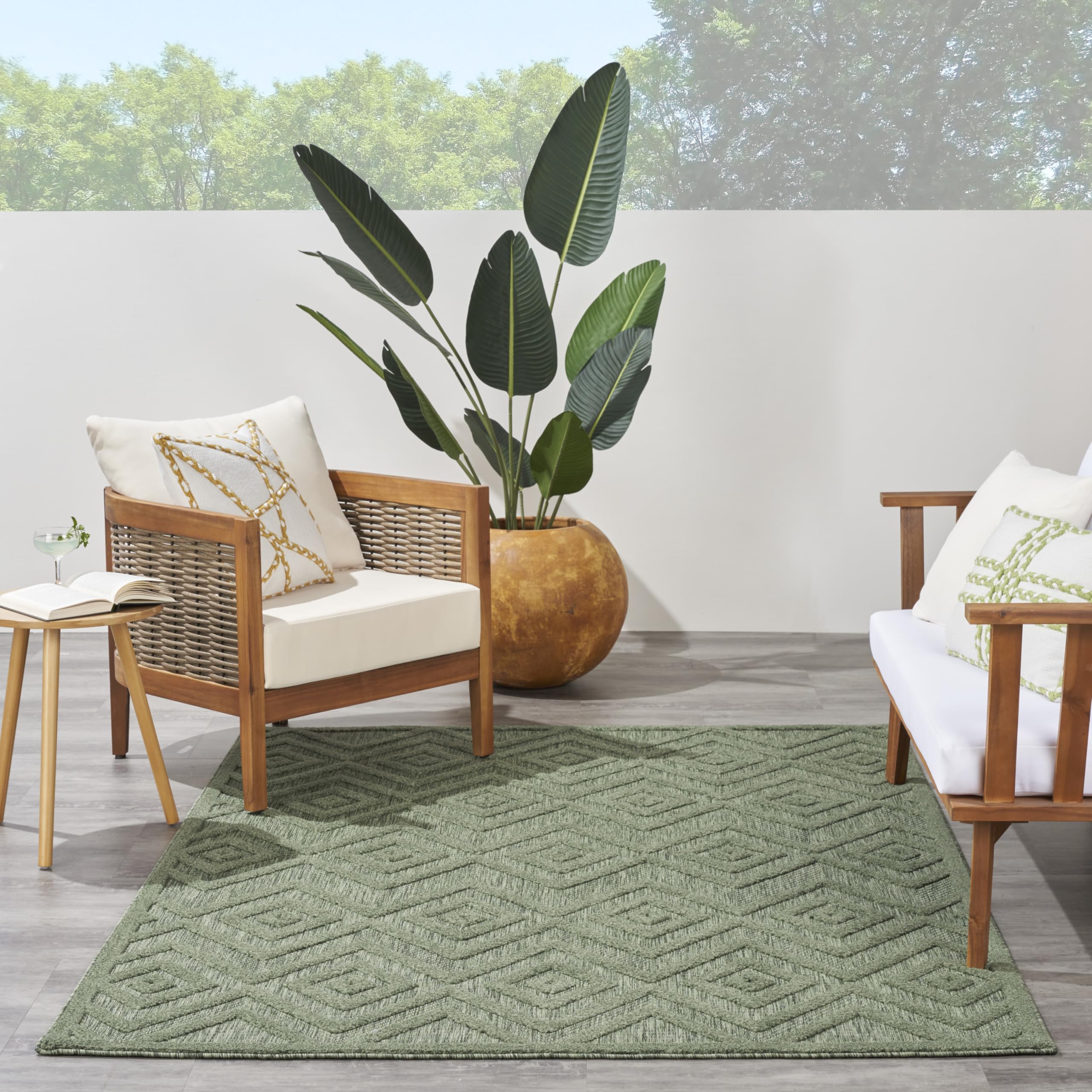 Nourison Versatile Indoor/Outdoor Green 6' X 9' Area Rug, Easy Cleaning, Non Shedding, Bed Room, Living Room, Dining Room, Backyard, Deck, Patio (6X9)