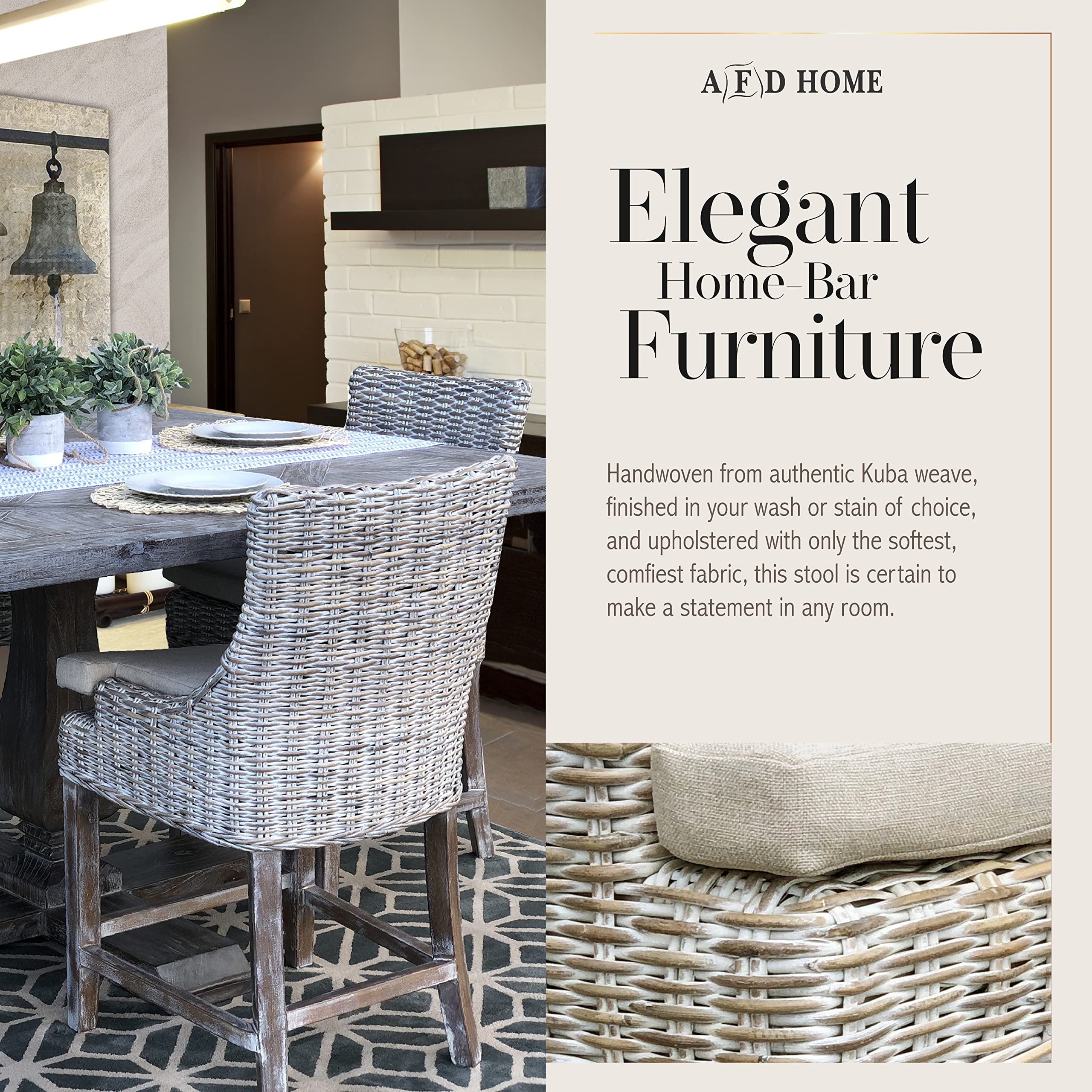 AFD Home Alfresco Kuba-Weave Counter Stool, Wooden Stool, Kitchen Counter Stool, 23 Inch Seat Height, Off White