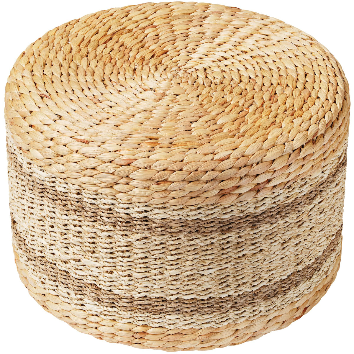 Primezone Patio Pouf Ottoman 18' D X 18' W X 12' H, Hand Woven Natural Seagrass Rattan Indoor Outdoor Footstool, Round Boho Poufs Footrest Floor Chair Seat For Living Room, Bedroom, Porch, Stripe