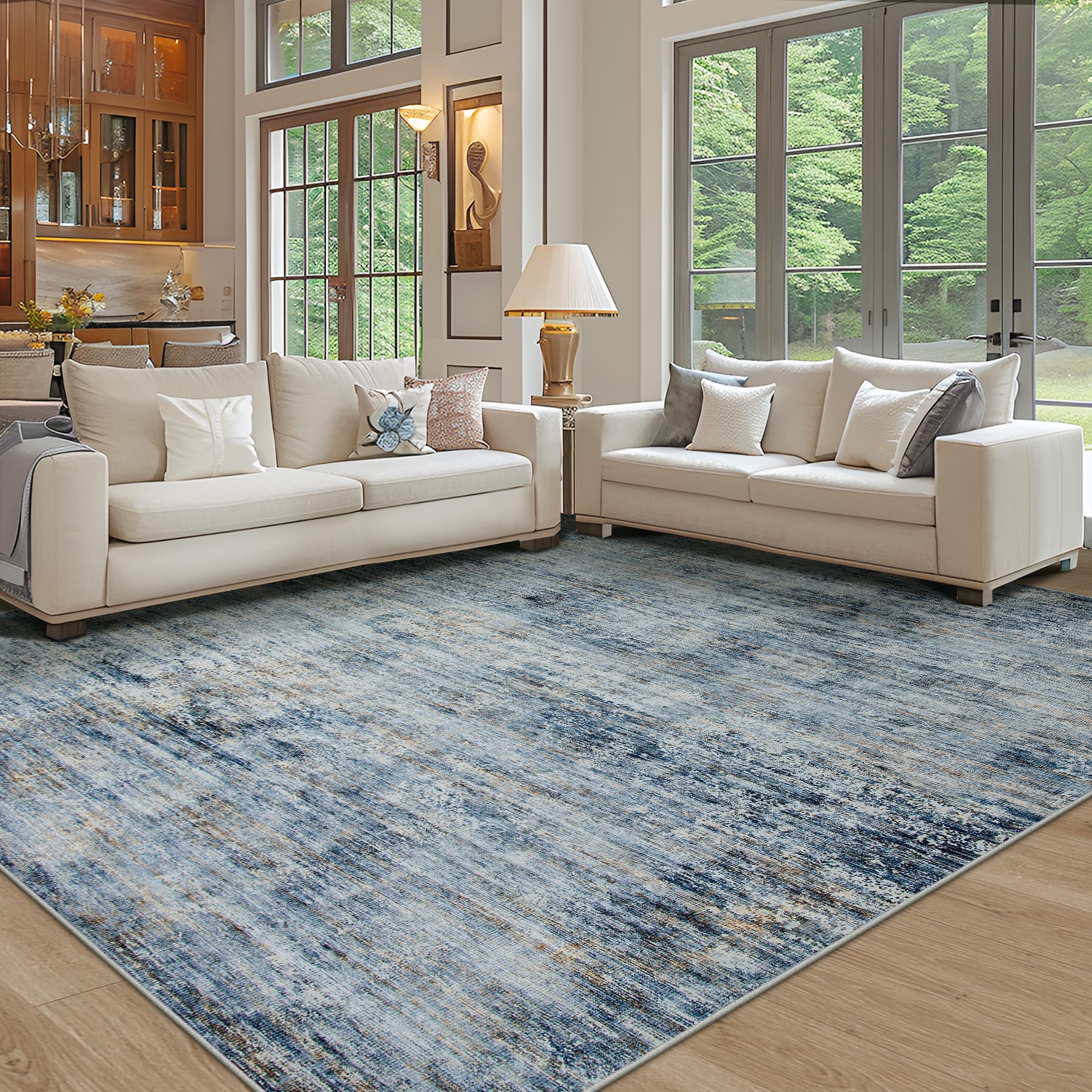 Area Rug 9x12 Washable Rugs: Abstract Large Living Room Rugs with Non-Slip Backing, Thin Carpet for Dining Room Table Bedroom Nu