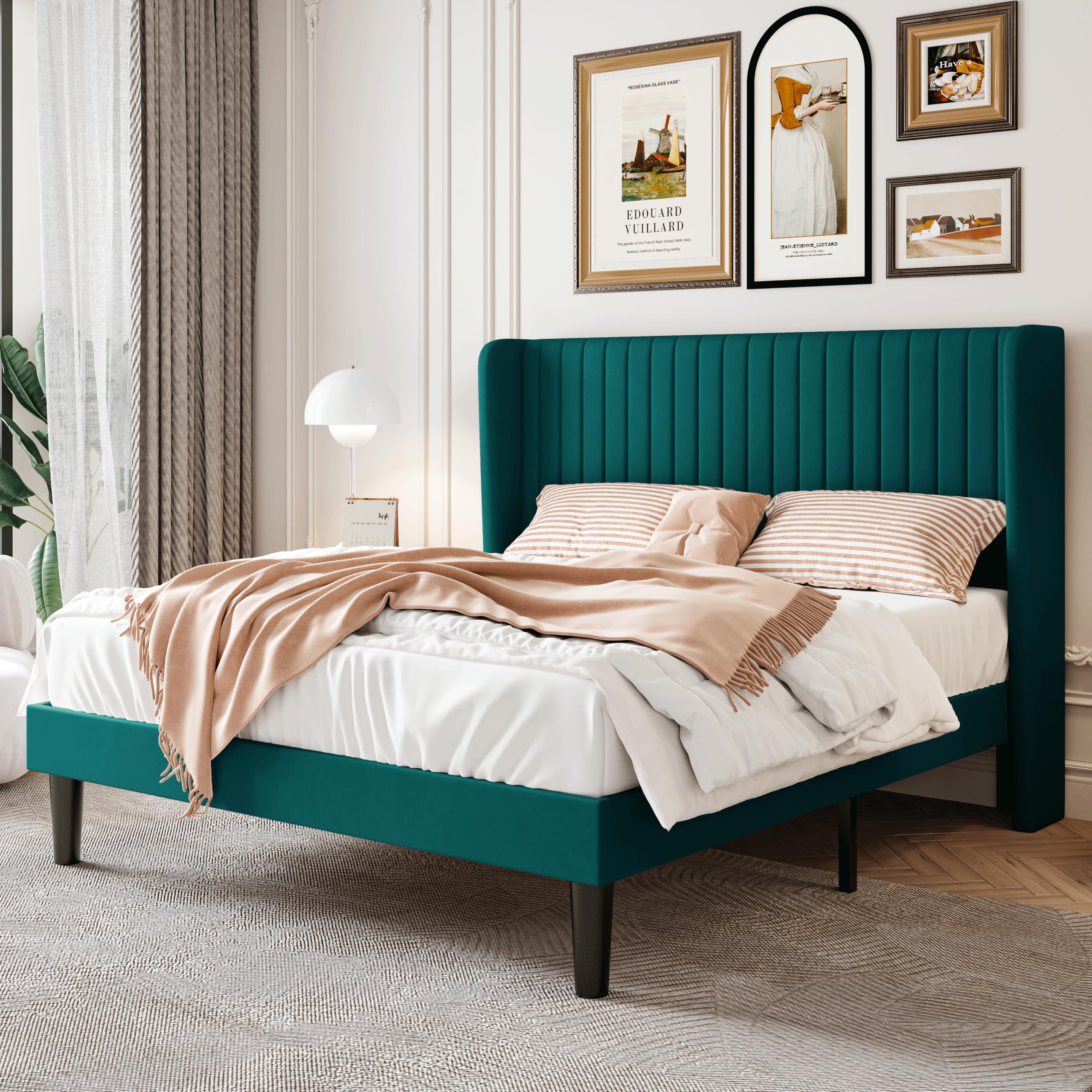 Sha Cerlin Full Size Velvet Bed Frame With Vertical Channel Tufted Wingback Headboard, Upholstered Platform Bed With Wood Slats, No Box Spring Needed, Easy Assembly, Teal