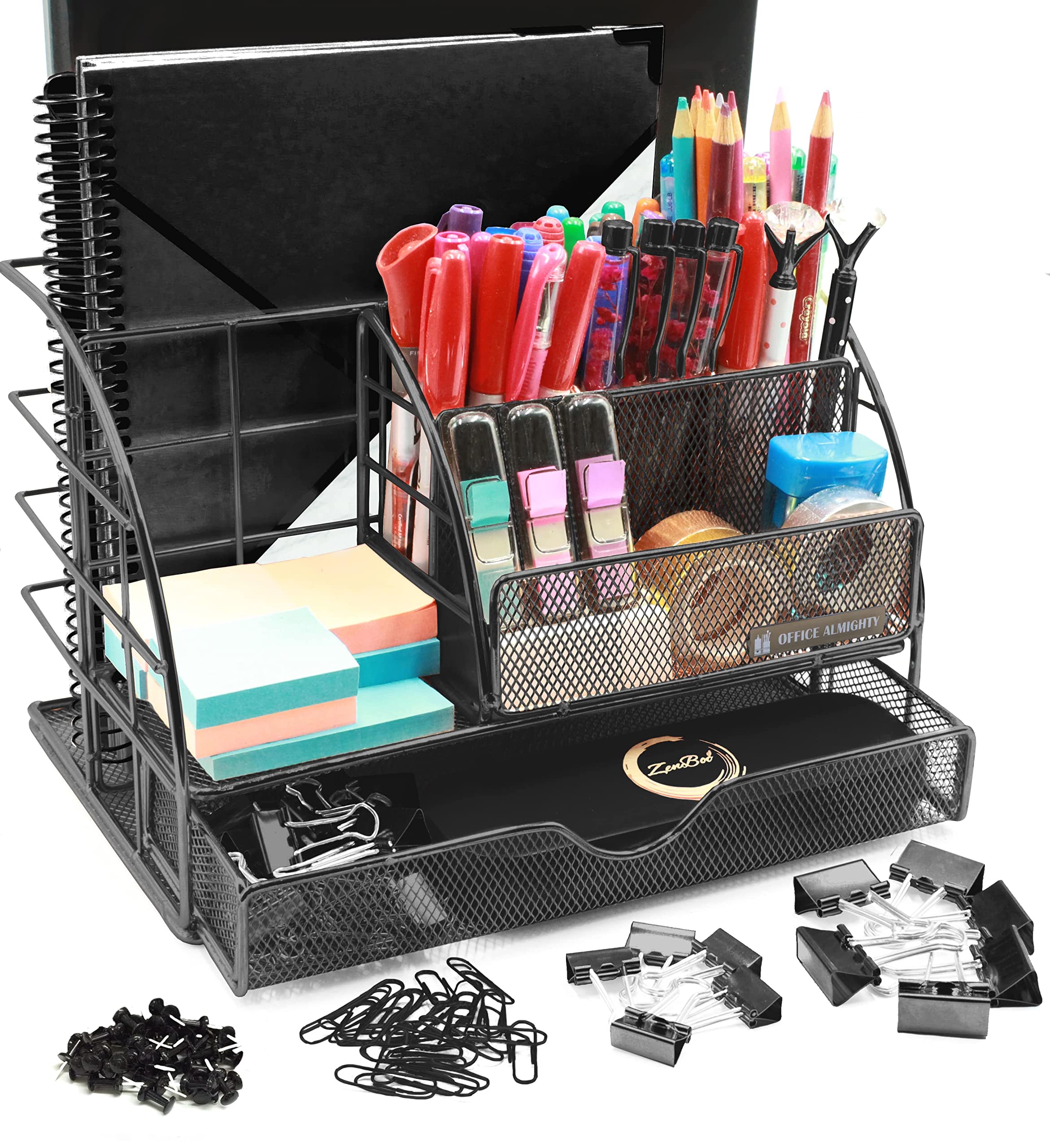 Office Almighty Black Desk Organizer For Men: Exclusive Large 7 In 1 Mesh Coated Metal Supplies Organizer With Pen Holders, Fold