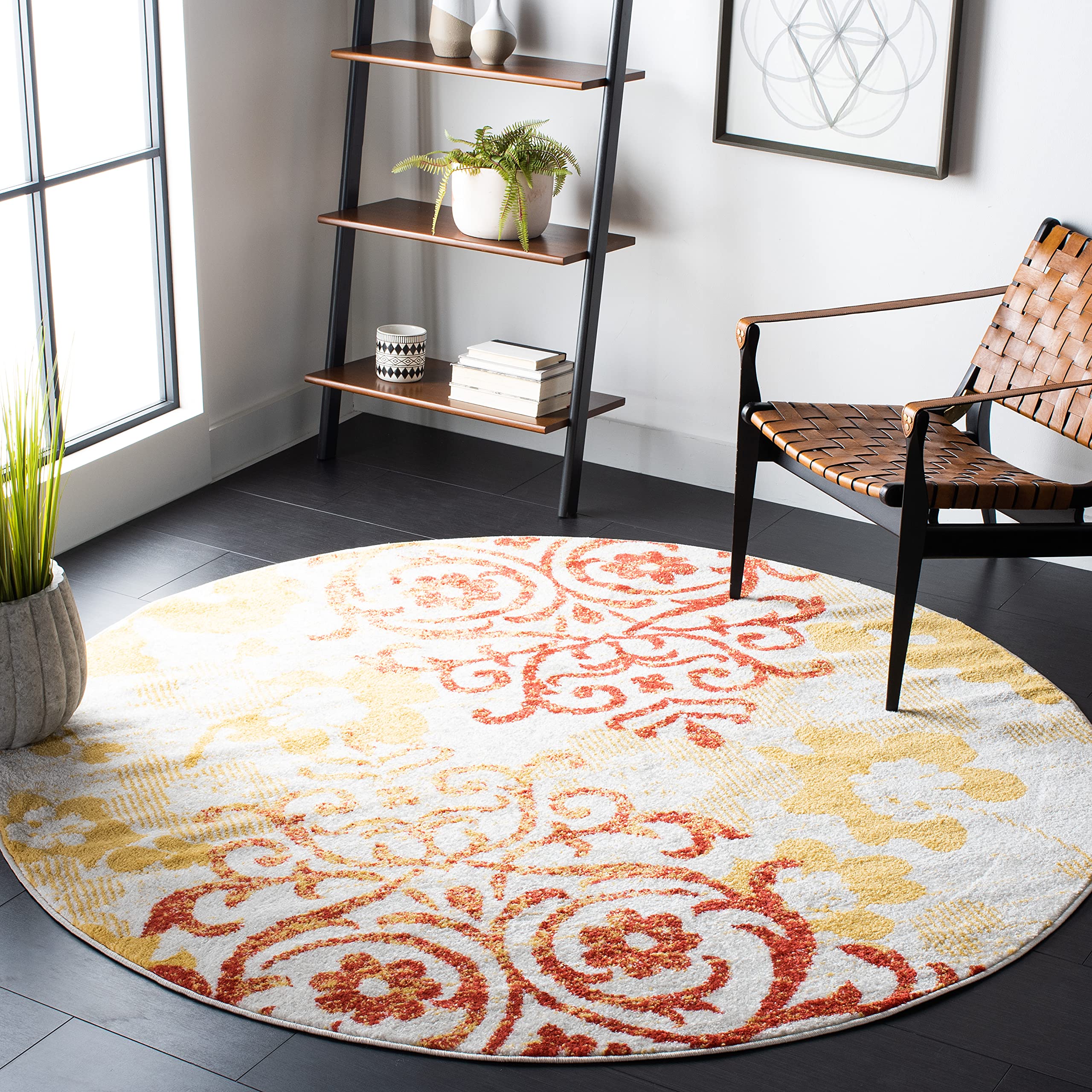 SAFAVIEH Adirondack Collection 67 Round Grey / Gold ADR114D Floral Glam Damask Distressed Non-Shedding Dining Room Entryway Foy