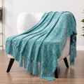 Pavilia Teal Green Throw Blanket For Couch, Chenille Blanket For Sofa Bed, Soft Knit Woven Turquoise Blanket With Tassel, Decora