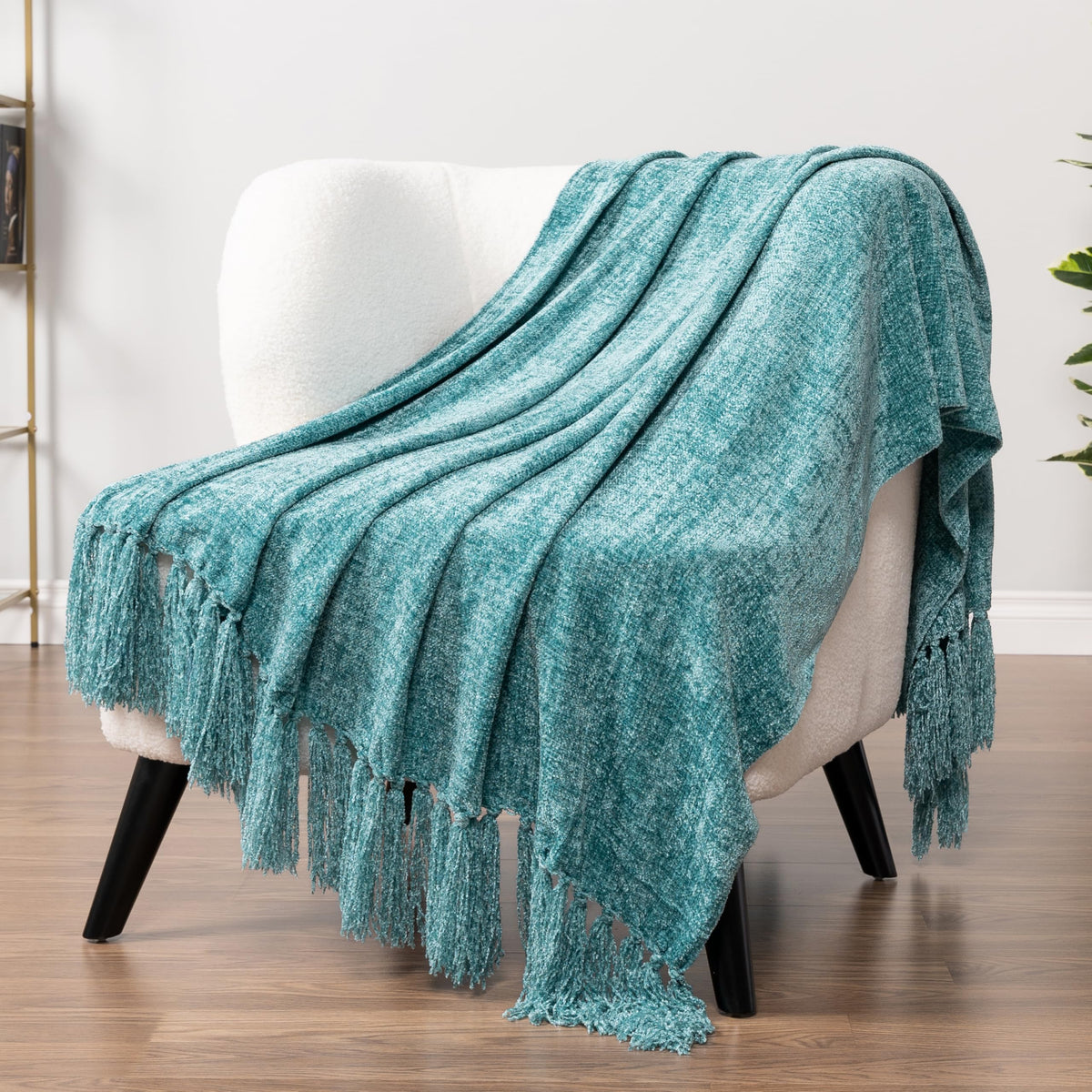 Pavilia Teal Green Throw Blanket For Couch, Chenille Blanket For Sofa Bed, Soft Knit Woven Turquoise Blanket With Tassel, Decora