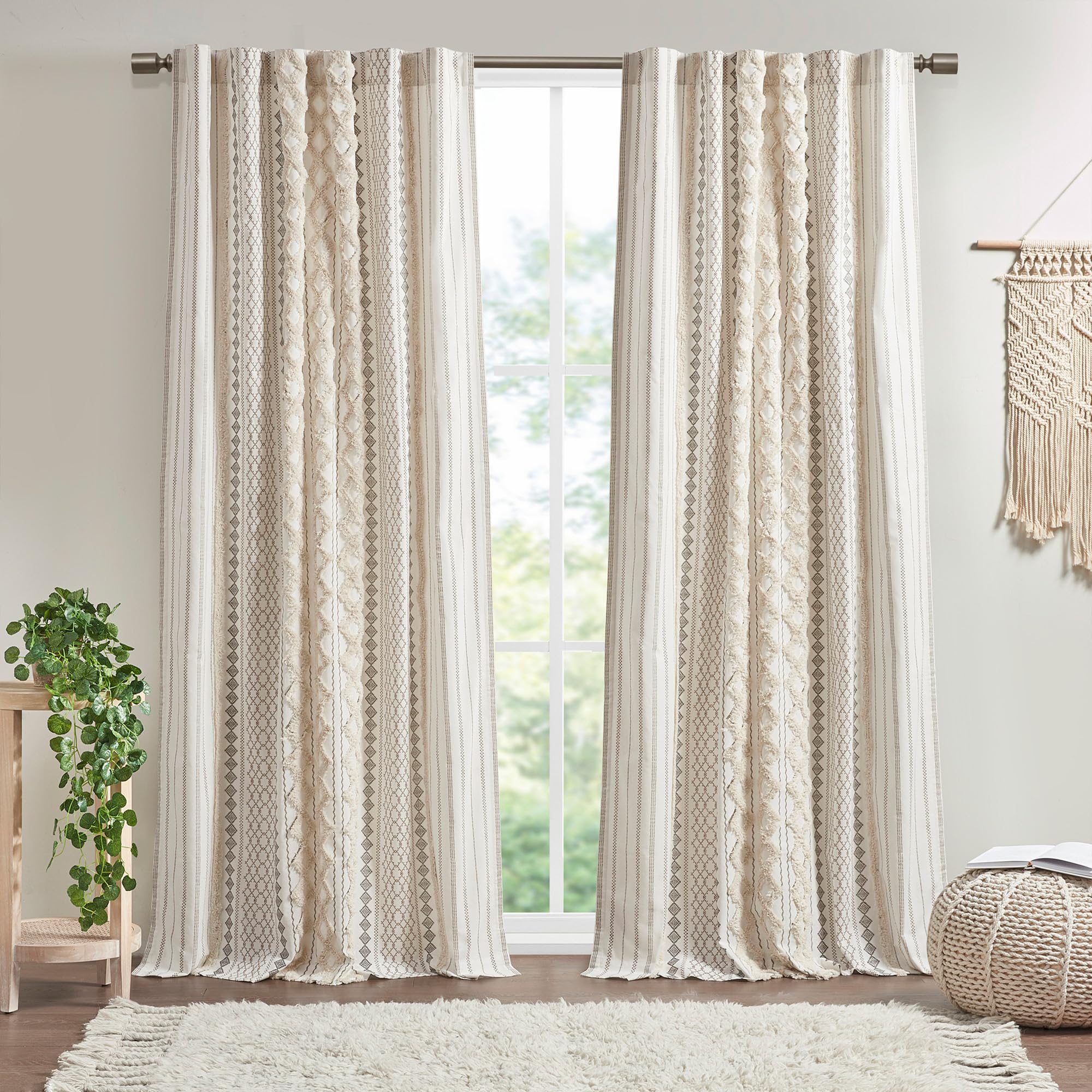 INK+IVY Imani 100% Cotton SINGLE PANEL Curtain Tufted Chenille Stripe Geometric Print Mid-Century Look Rod Pocket Top Drape for 
