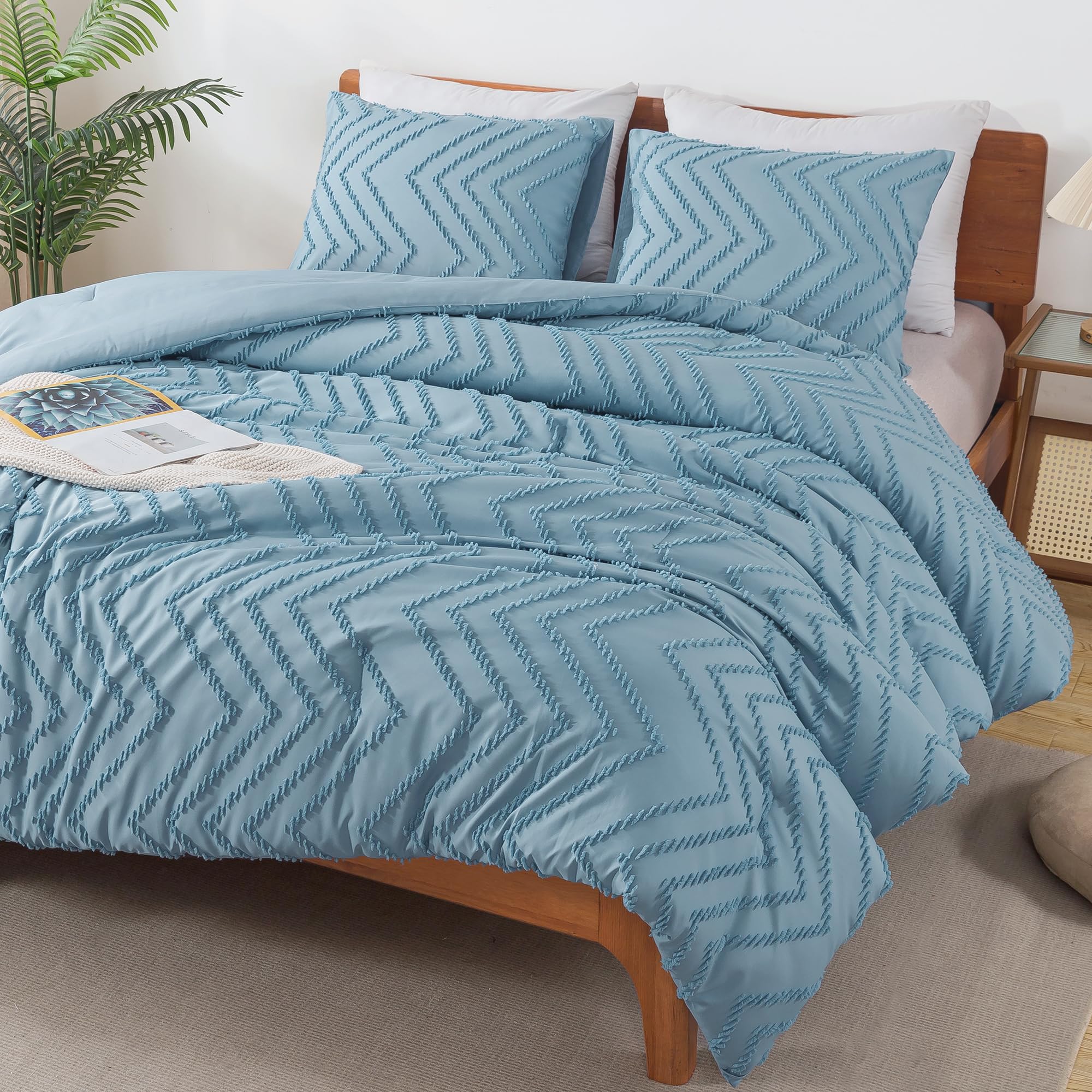 Andency Greyish Blue Comforter Set Full Size, Boho Soft Warm Tufted Bedding Comforter Sets For Full Size Bed, 3 Pieces Aesthetic