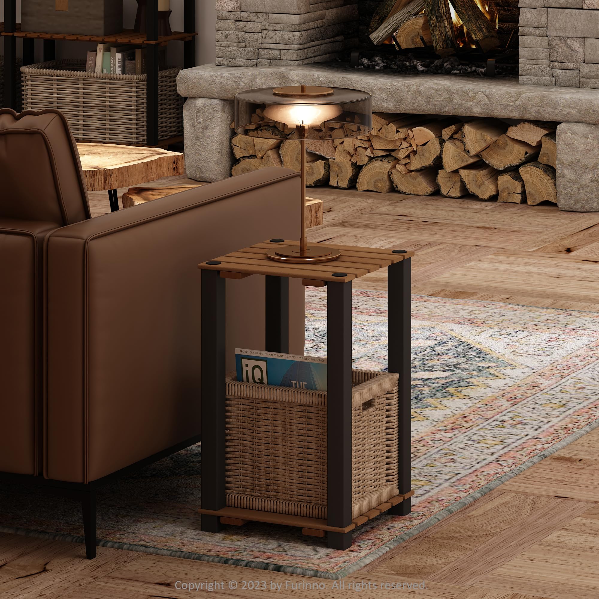 Turn-N-Tube 2-Tier Wood Slat Square End Table with Open Shelves, Natural/Black