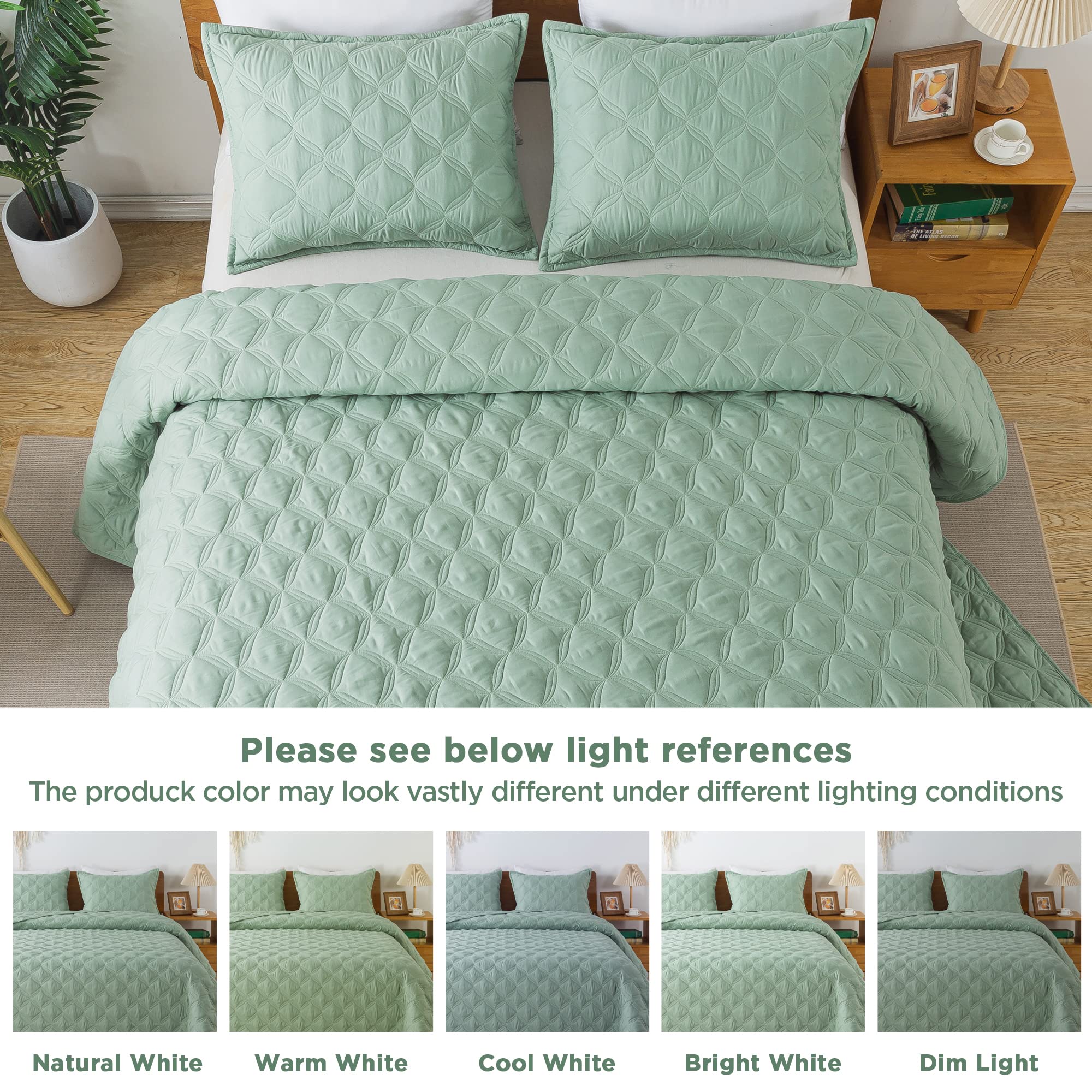 Litanika Sage Green King Size Quilt Bedding Set - Lightweight Summer Comforter Bedspreads & Coverlets - Boho Farmhouse Bedding C