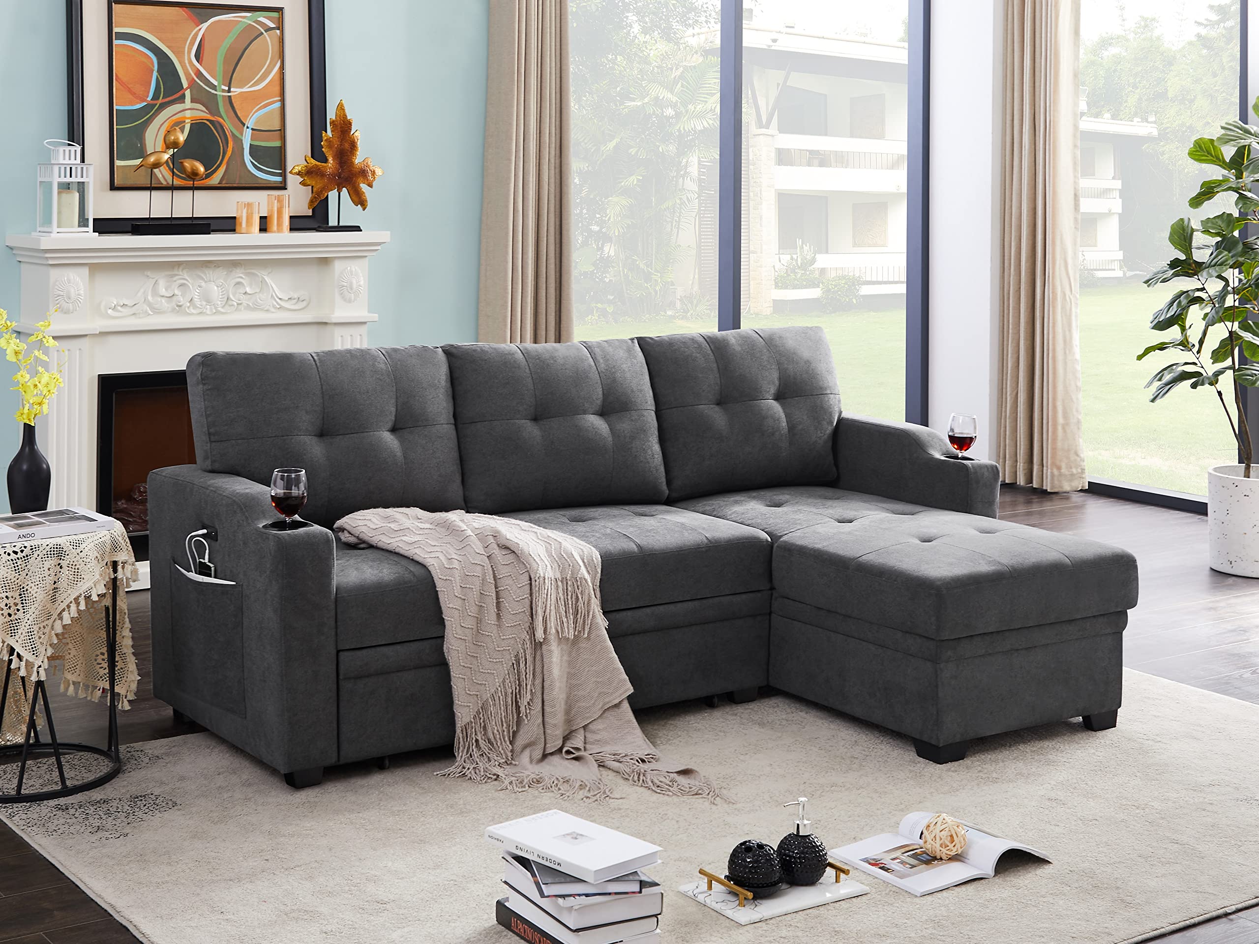 Lilola Home Mabel Dark Gray Woven Fabric Sleeper Sectional with cupholder, USB Charging Port and Pocket