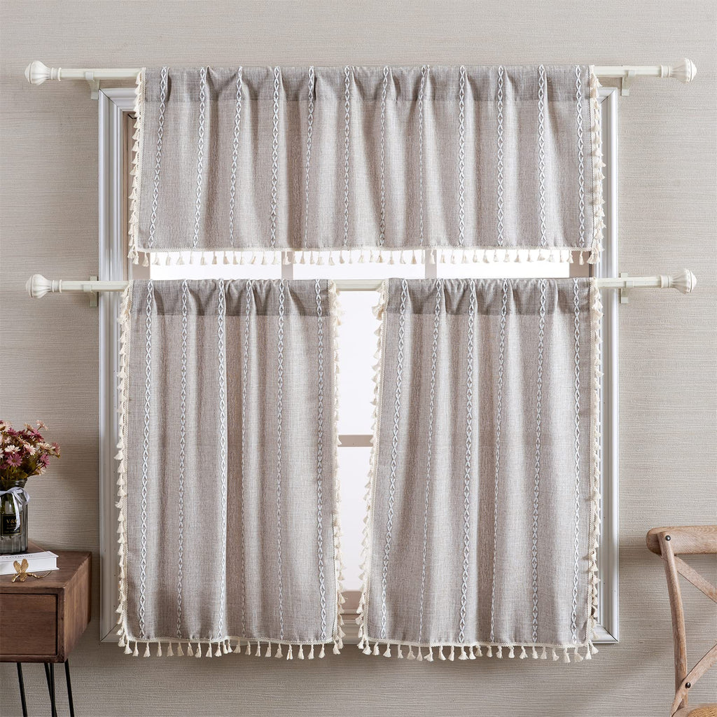 Roomtalks Rustic Farmhouse Kitchen Valances For Windows In Tan, 18’’L X 52’’W Boho Embroidered Striped Vintage Chic French Country Cottage Textured Tassel Curtain Valances For Bathroom Living Room
