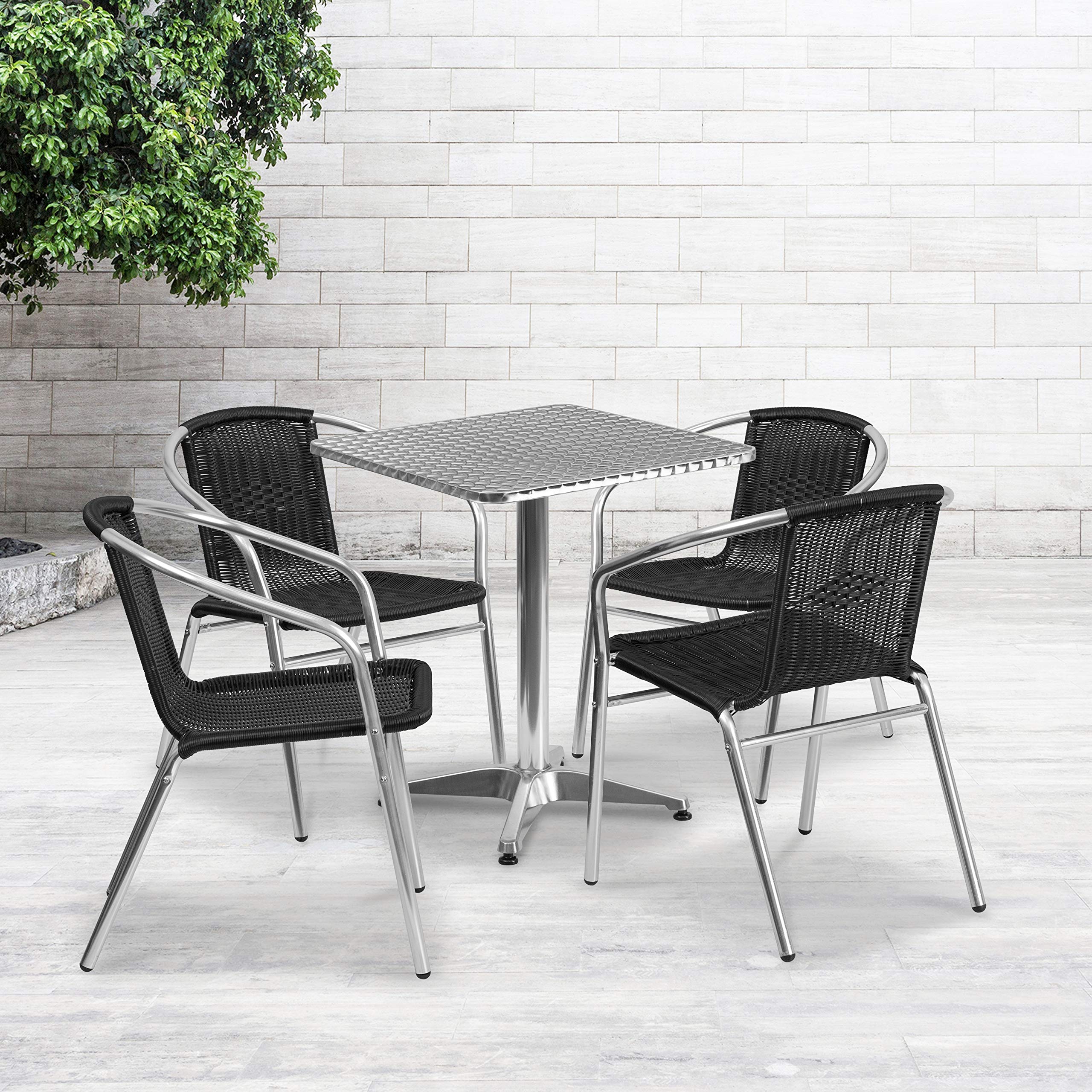 Flash Furniture 23.5'' Square Aluminum Indoor-Outdoor Table Set With 4 Black Rattan Chairs