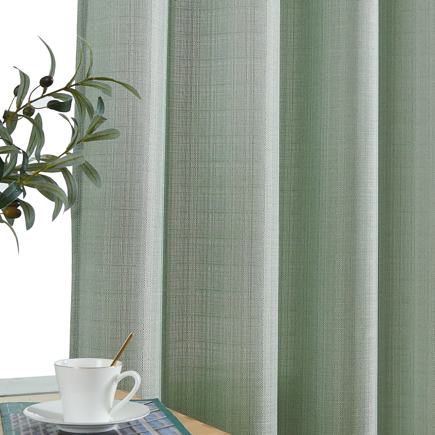 Jinchan Linen Textured Curtains 90 Inch Length Green Curtains For Living Room Farmhouse Country Curtains Casual Weave Back Tab D