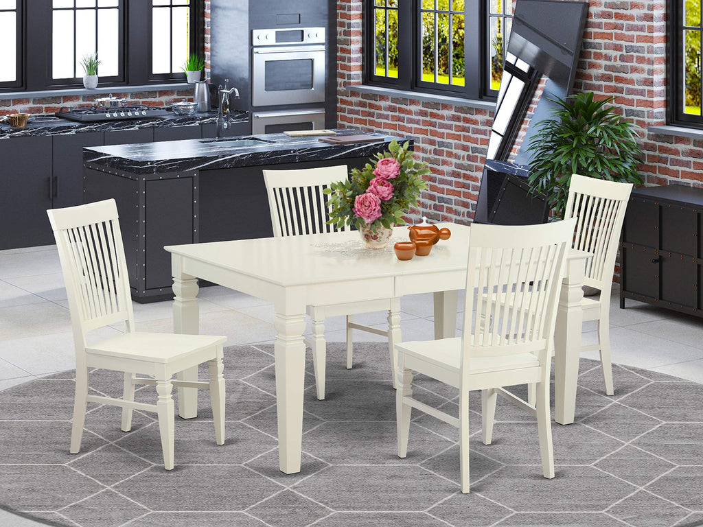 East West Furniture WEST5-WHI-W 5 Piece Kitchen Set for 4 Includes a Rectangle Room Table with Butterfly Leaf and 4 Dining Chairs, Wood Seat, Linen White