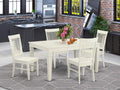 East West Furniture WEST5-WHI-W 5 Piece Kitchen Set for 4 Includes a Rectangle Room Table with Butterfly Leaf and 4 Dining Chairs, Wood Seat, Linen White