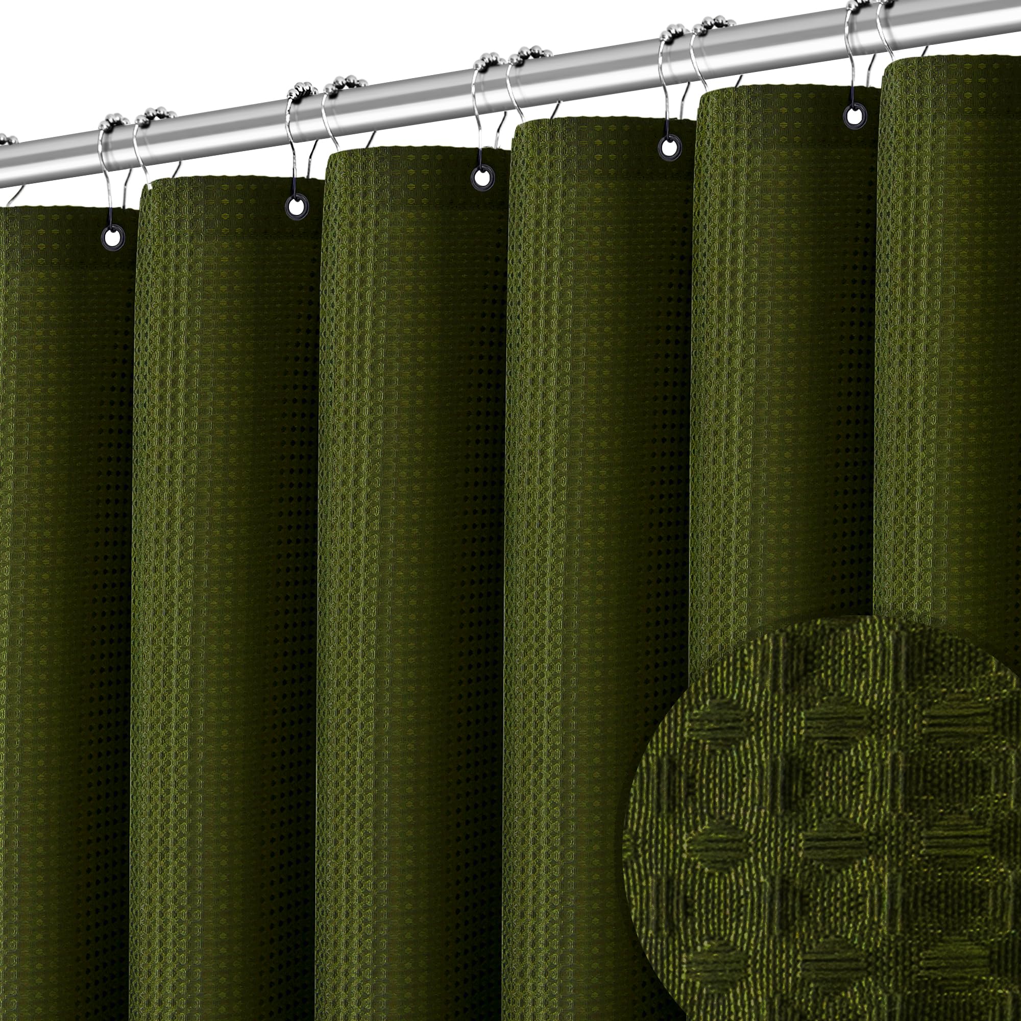 Pangsinne Extra Long Dark Green Waffle Shower Curtain, Heavy Duty 256Gsm Fabric Curtains With Weave Hotel Quality Bathroom Curta