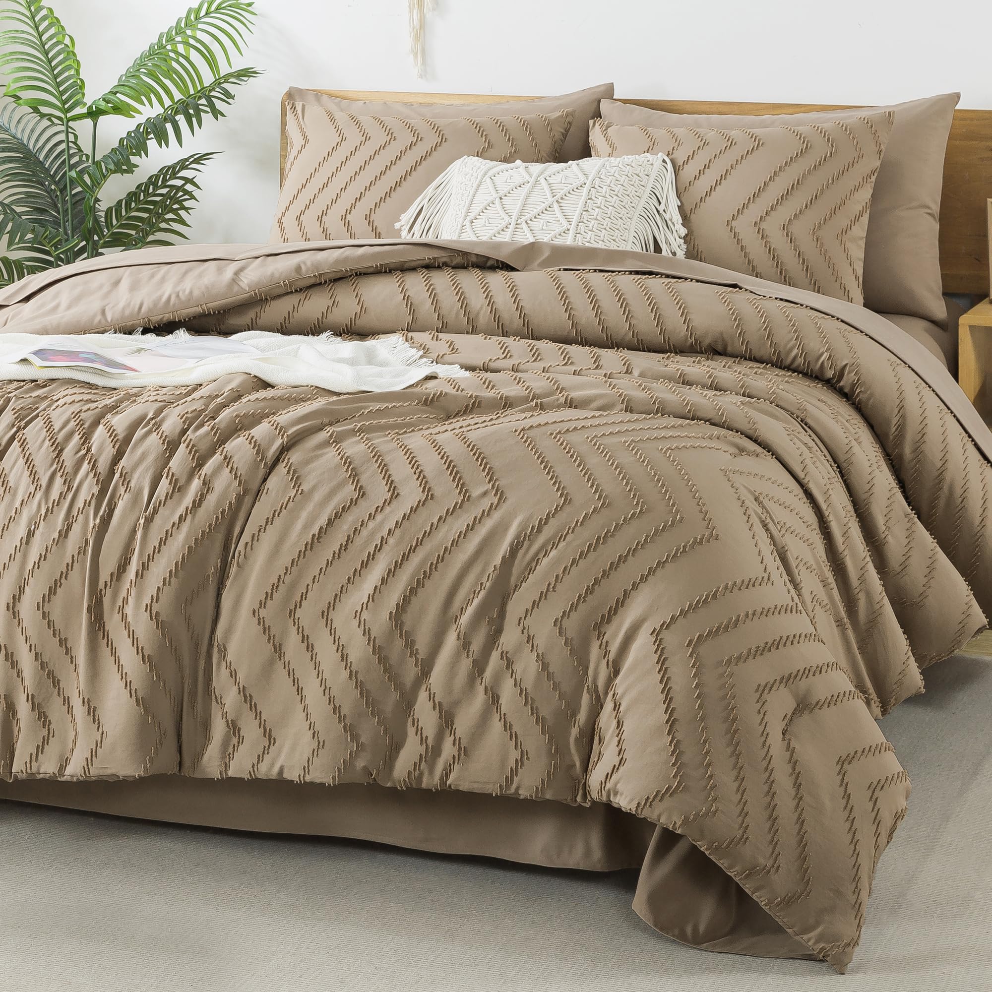 Litanika Taupe California King Size Comforter Set With Sheets - 7 Pieces Bed In A Bag California King Boho Tufted Complete Beddd