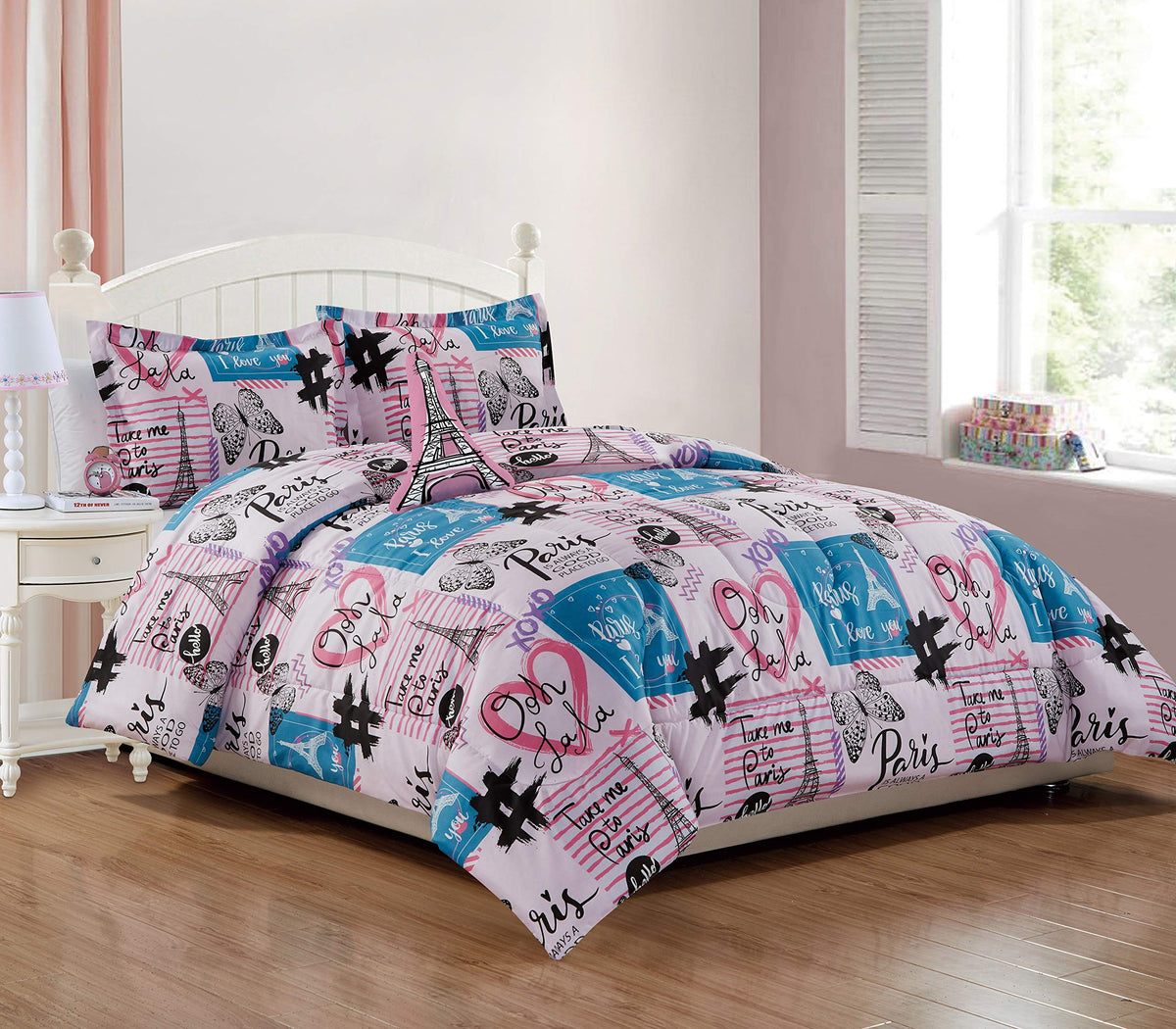 Sapphire Home 6 Piece Twin Paris Bedding Set, Bed In A Bag, Kids Comforter Set With Bed Sheets, Pillow Case, Toy Pillow, Toddler