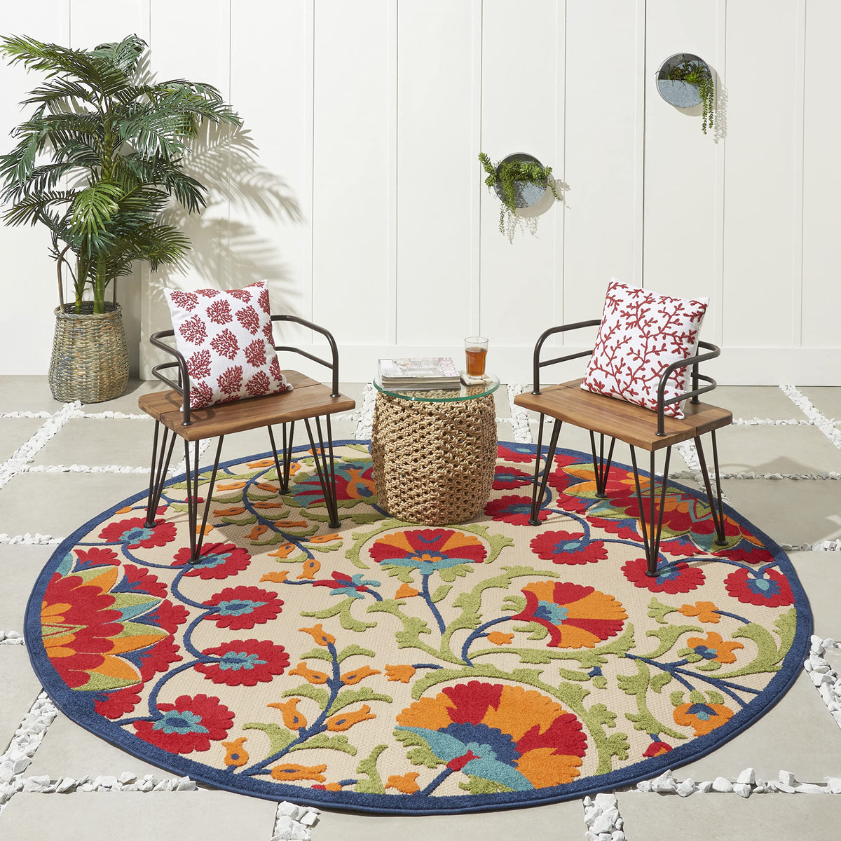 Nourison Aloha Indoor/Outdoor Red/Multi 7'10' X Round Area Rug, Easy Cleaning, Non Shedding, Bed Room, Living Room, Dining Room