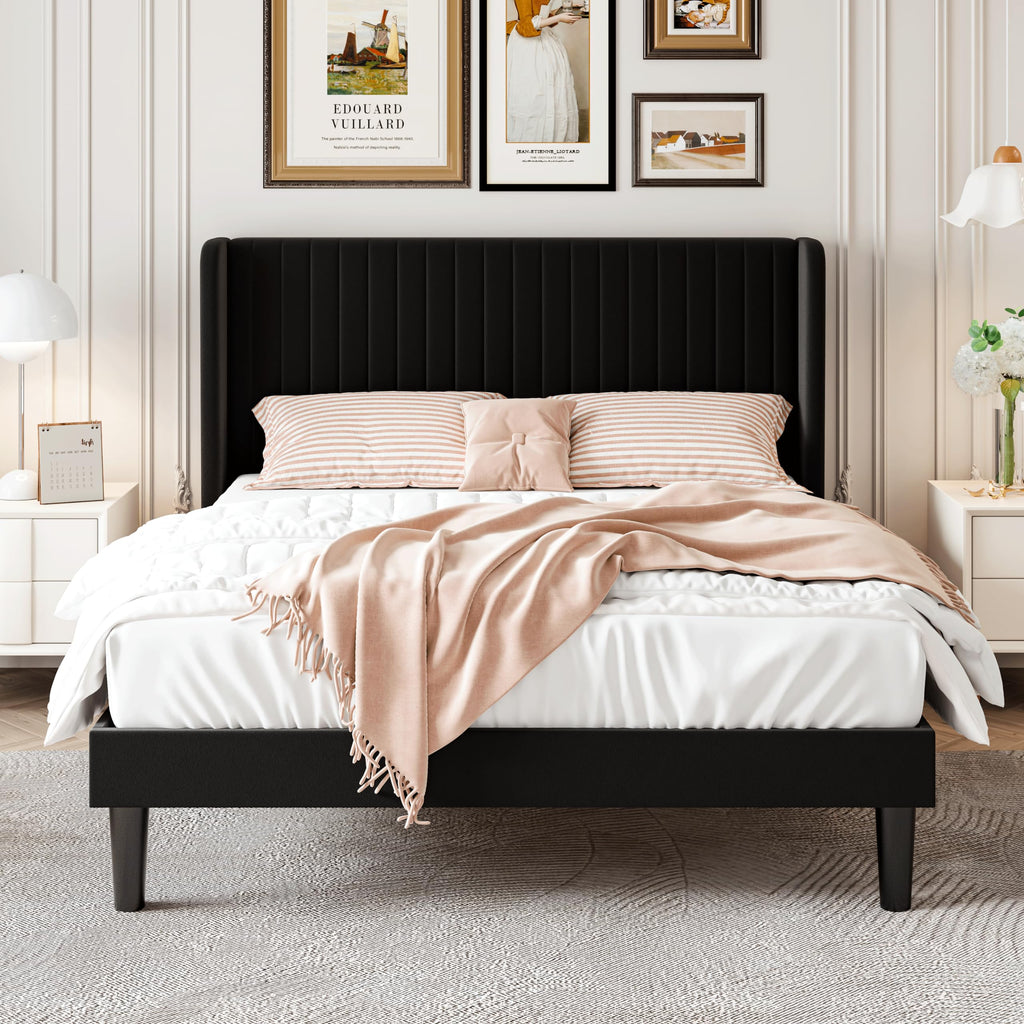 Sha Cerlin Full Size Velvet Bed Frame With Vertical Channel Tufted Wingback Headboard, Upholstered Platform Bed With Wood Slats, No Box Spring Needed, Easy Assembly, Black
