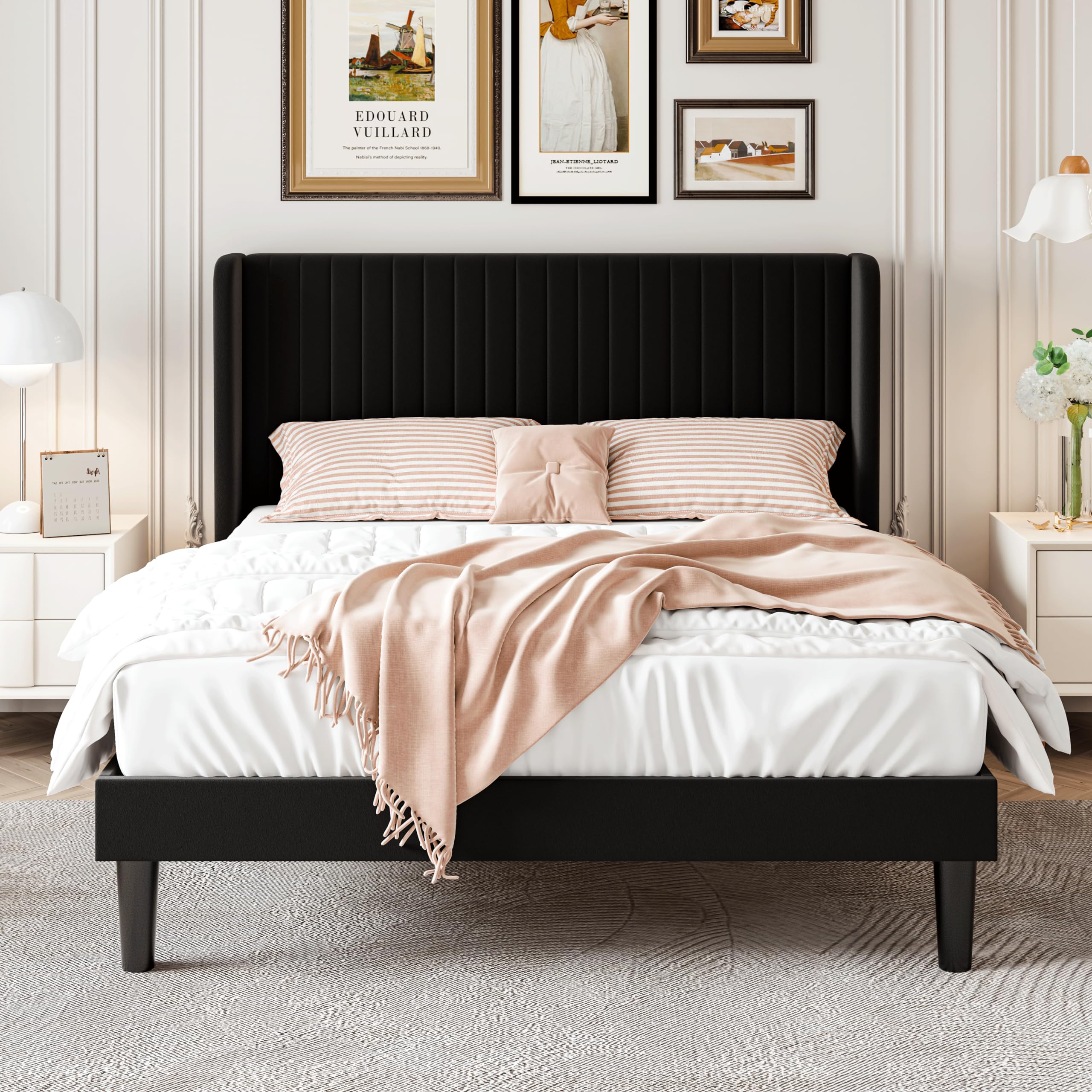 Sha Cerlin Full Size Velvet Bed Frame With Vertical Channel Tufted Wingback Headboard, Upholstered Platform Bed With Wood Slats, No Box Spring Needed, Easy Assembly, Black