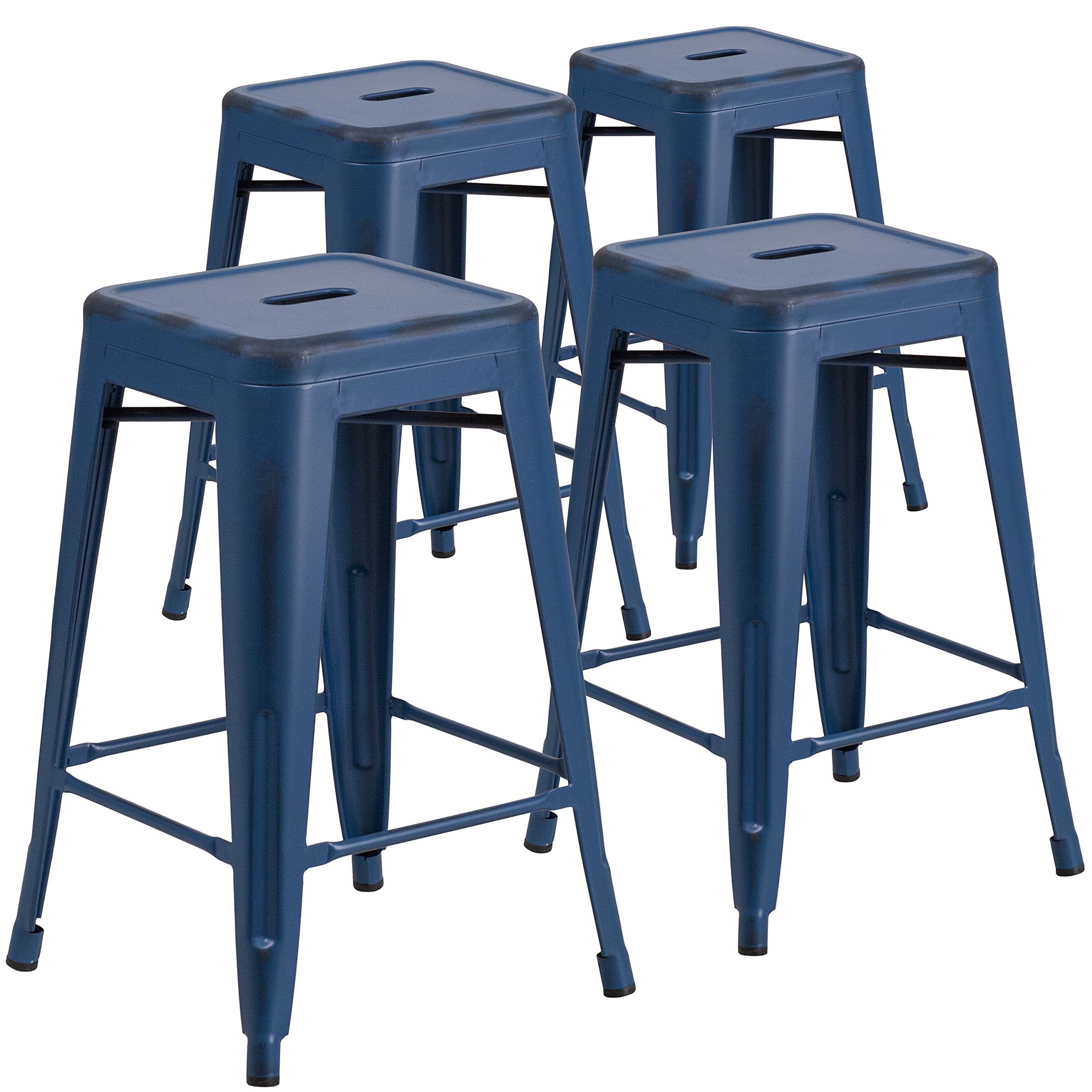 Flash Furniture Kai Commercial Grade 4 Pack 24 High Backless Distressed Antique Blue Metal Indoor-Outdoor Counter Height Stool