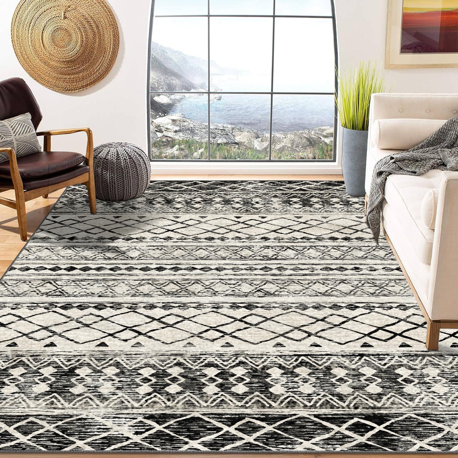 KUTA 6x9 Black Navy Blue Boho Area Rug for Living Room, Moroccan Washable Kitchen Rugs Non Slip, Ultra Soft Print Geometric Entr