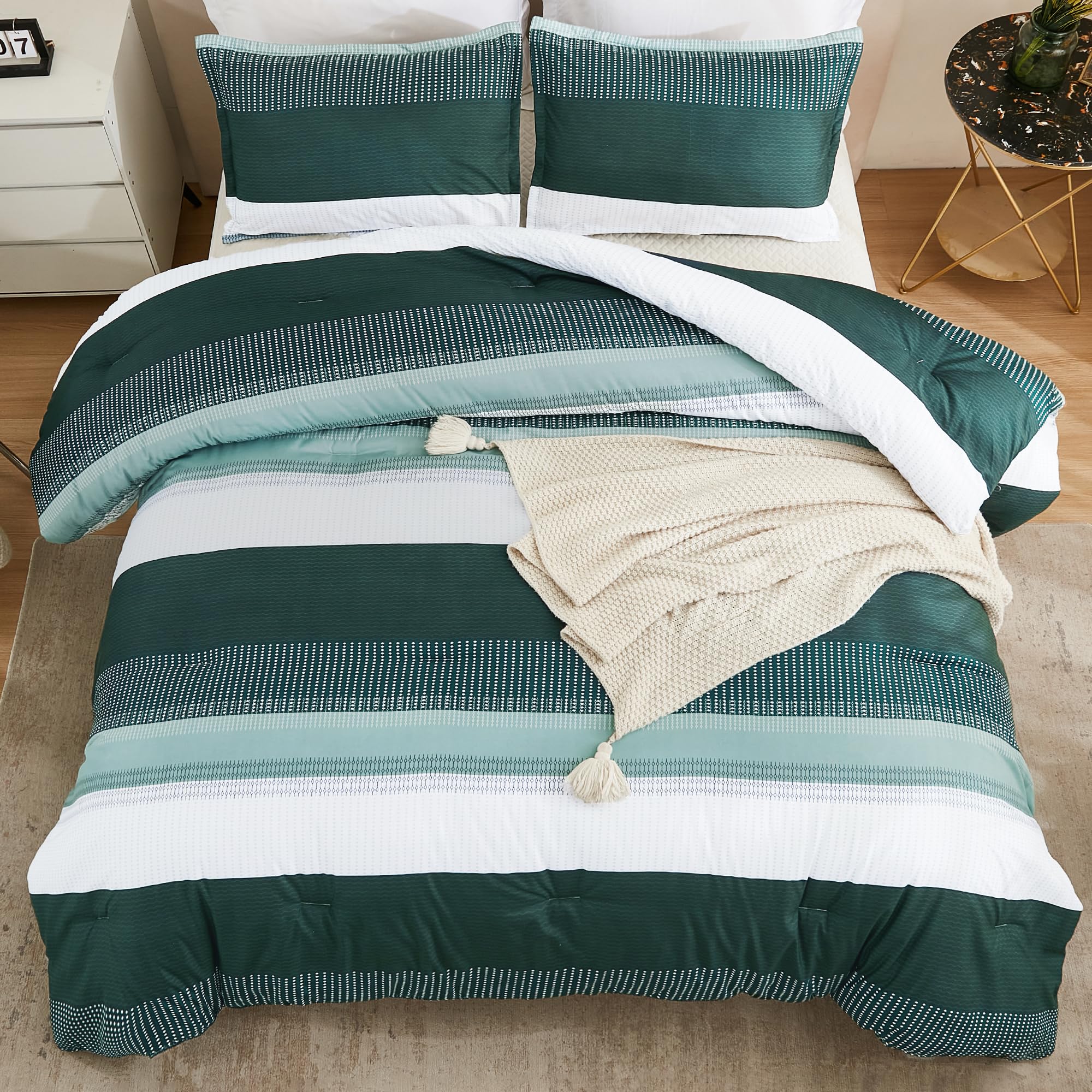 Litanika Dark Emerald Green Bed Comforter Full Set, 3 Pieces Hunter Green Bedding Set, Colorblock Stripe Vintage Style (79X90In