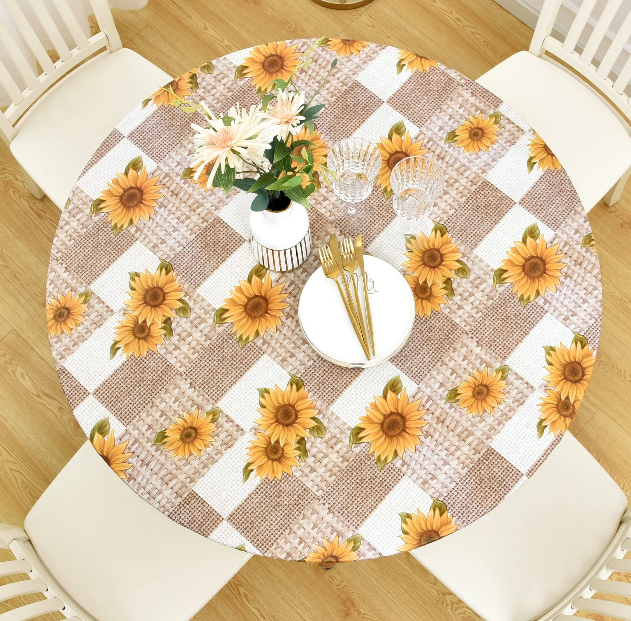 Rally Home Goods Indoor Outdoor Patio Round Fitted Vinyl Tablecloth, Flannel Backing, Elastic Edge, Waterproof Wipeable Plastic Cover In Sunflowers Pattern For 5-Seat Table Of 36-42’’ Diameter