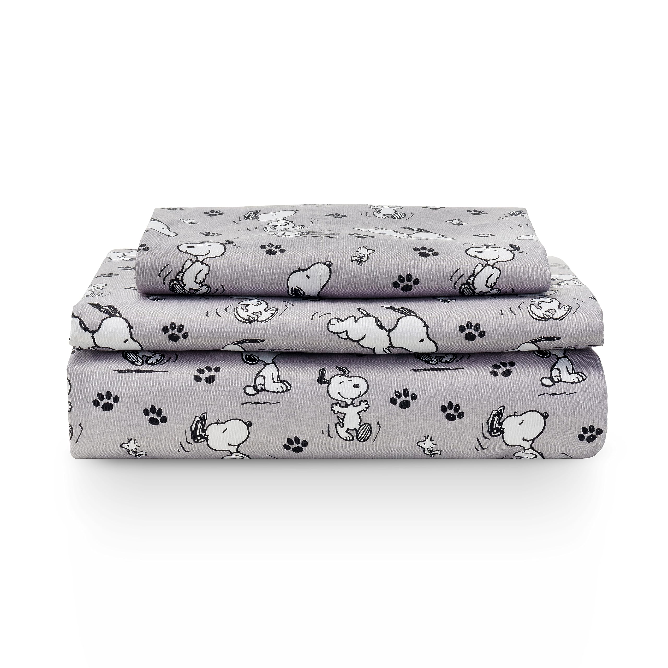 Berkshire Blanket Peanuts Kids Sheet Set, Twin Size - 3 Pieces, Peanuts Mini Poses And Paws Grey, Cute Character Snoopy Printed