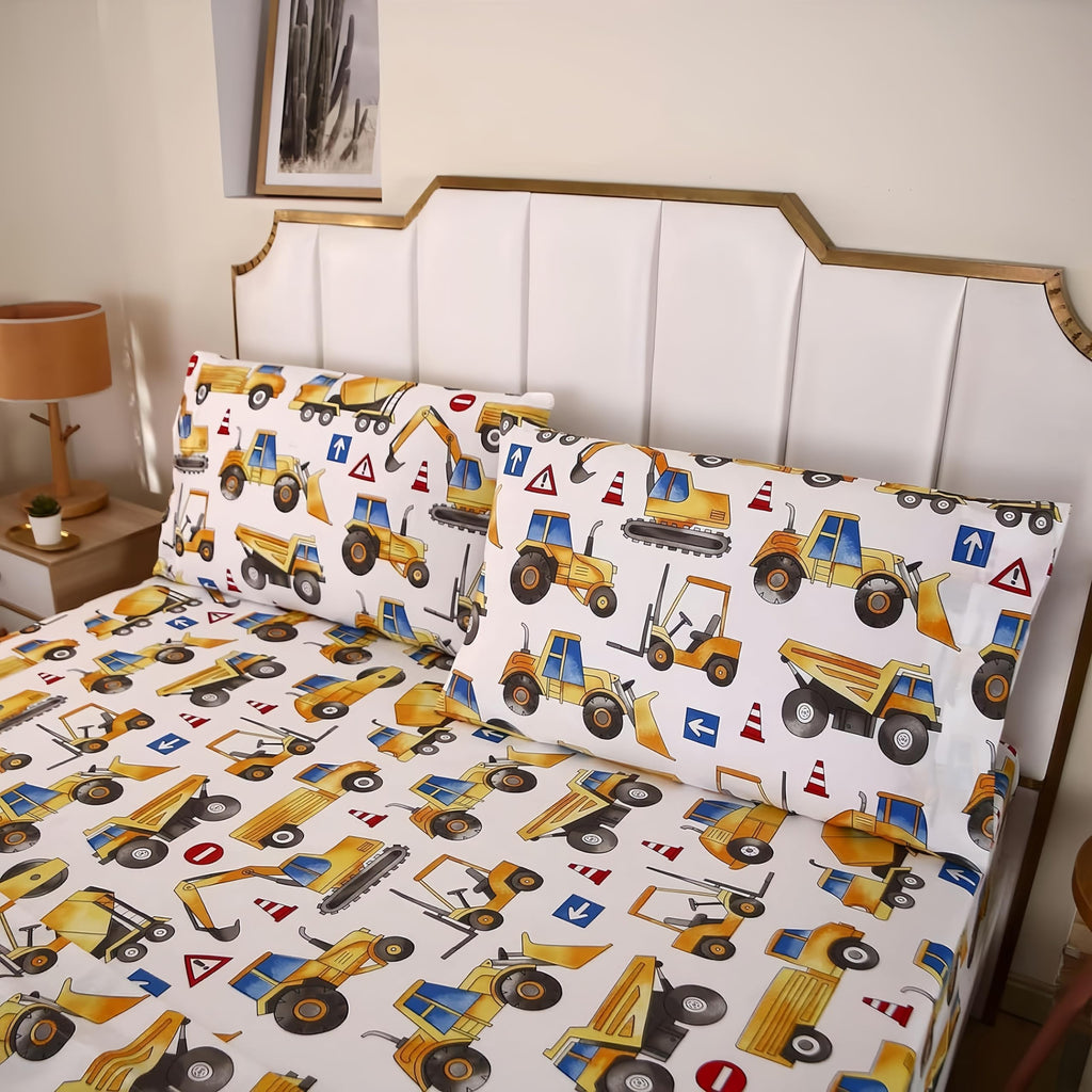 Sdy 4Pcs Car Bedding Sheets Twin Size, Construction Print Sheet Set Included 1 Fitted Sheet With 14'' Deep Pocket + 1 Top Flat S