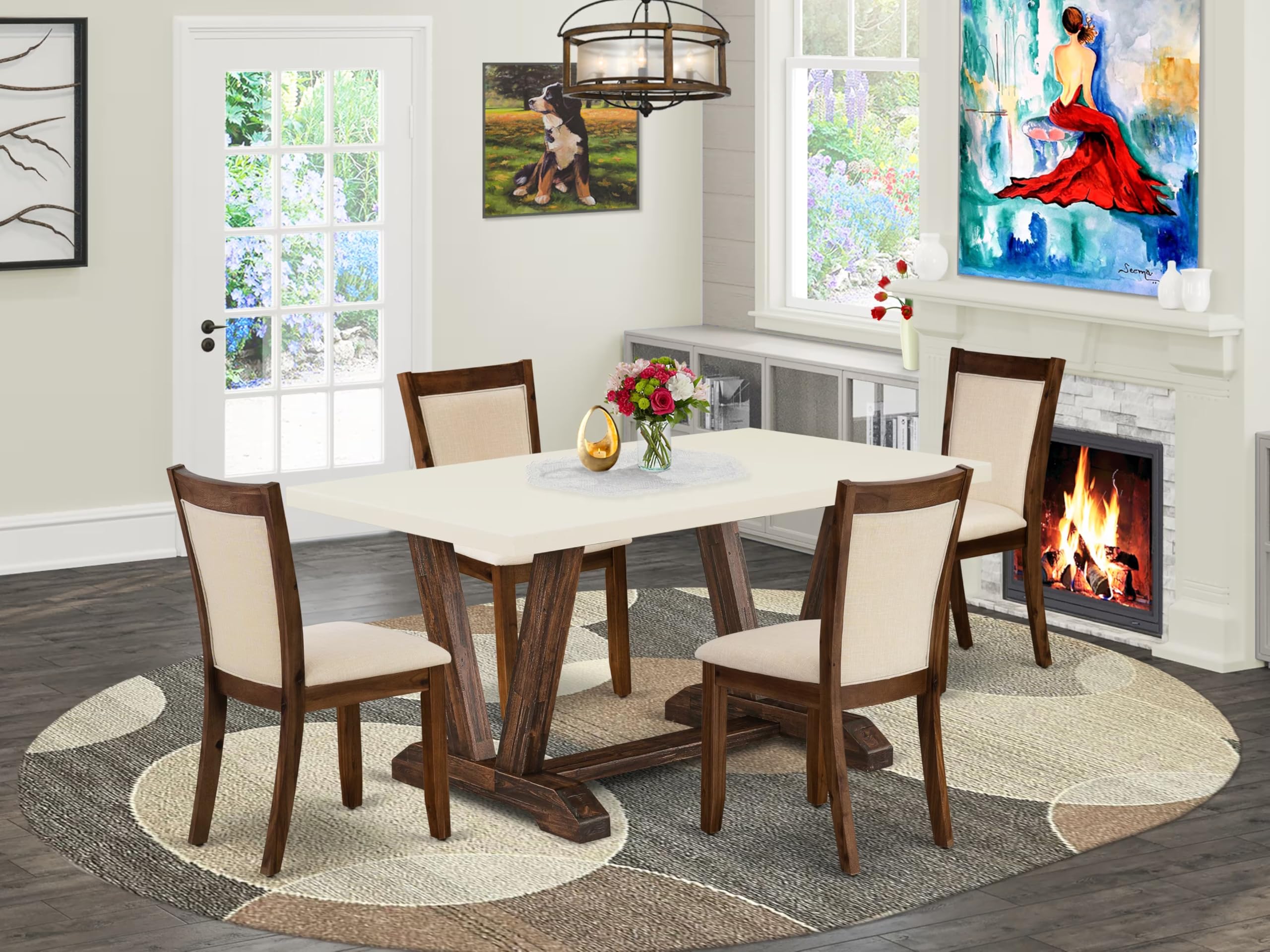 East West Furniture V726Mzn32-5 5 Piece Dining Table Set Includes A Rectangle Kitchen Table With V-Legs And 4 Light Beige Linen Fabric Parson Dining Room Chairs, 36X60 Inch, Multi-Color