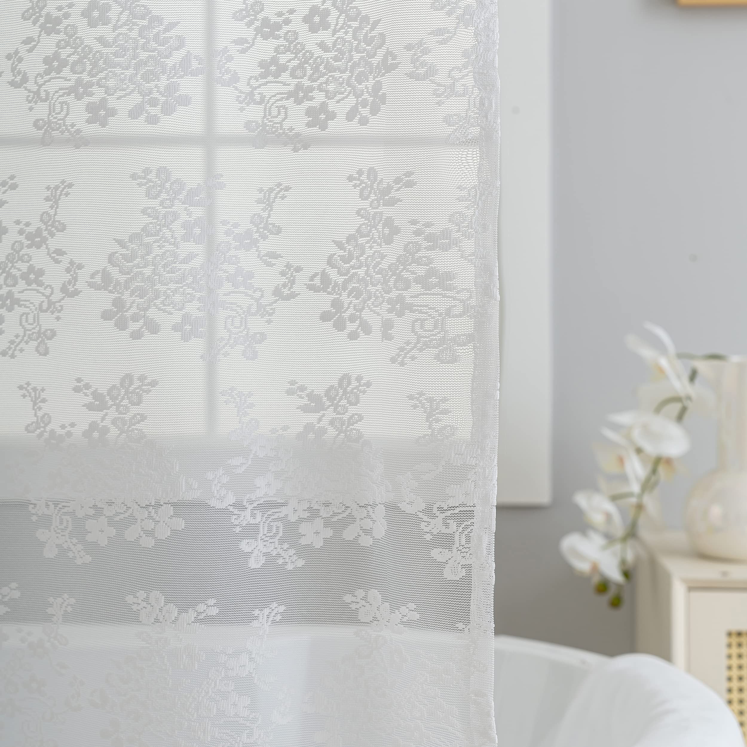 Tudeco White Lace Shower Curtain With Attach Valance, Shabby Chic Floral Shower Curtain Lace For Bathroom Vintage Sheer Scallope