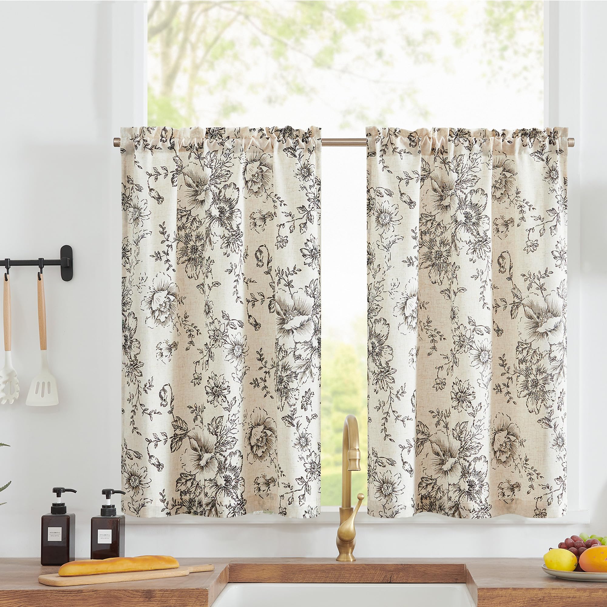 Jinchan Linen Kitchen Curtains Floral Tier Curtains 24 Inch Farmhouse Botanic Cafe Curtains Small Window Curtains Rustic Half Wi