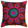 Stylo Culture Rajasthani Floral Cushion Cover 17X17 Inches Black Embroidered Suzani Work With Pompom Lace Cotton Square Decorati
