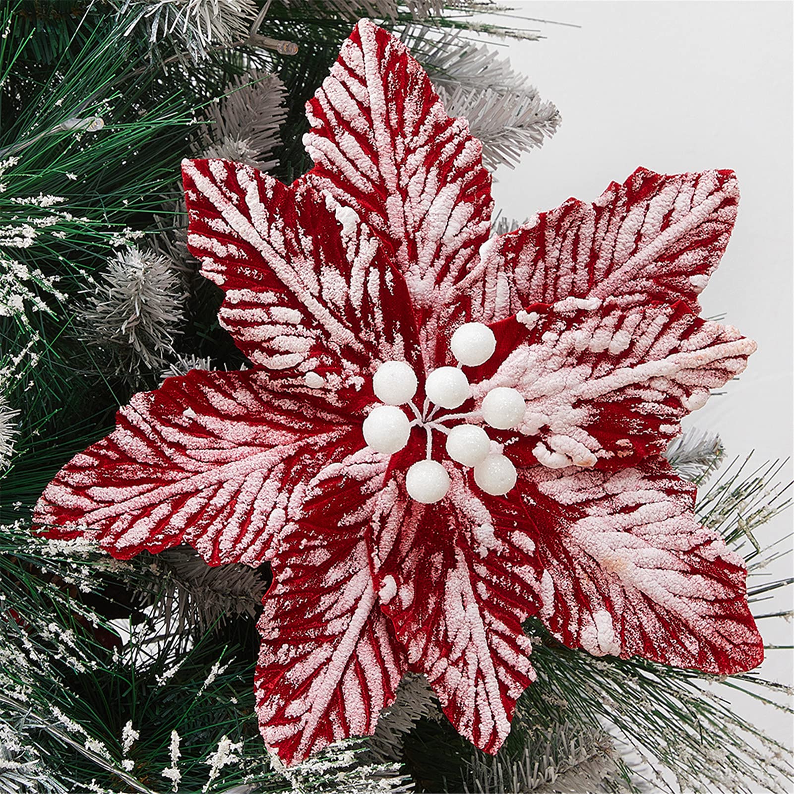 YSZL Large Christmas Poinsettias 6 Pcs Snow Decorated Christmas Tree Flowers Artificial Flower Picks Ornaments for Christmas Tre